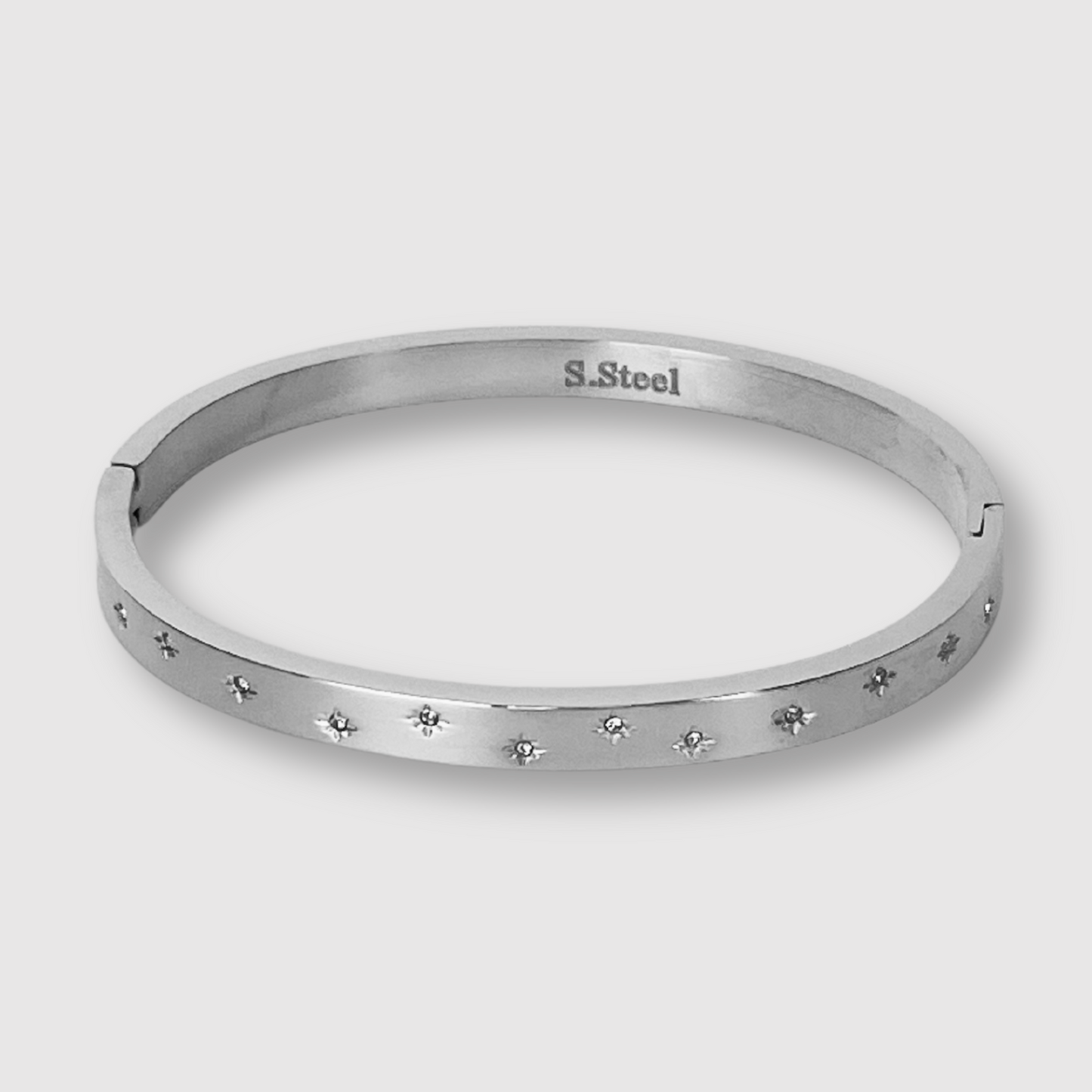 Bracelet-jonc Stella, acier inoxydable, strass, étoiles, couleur argent
