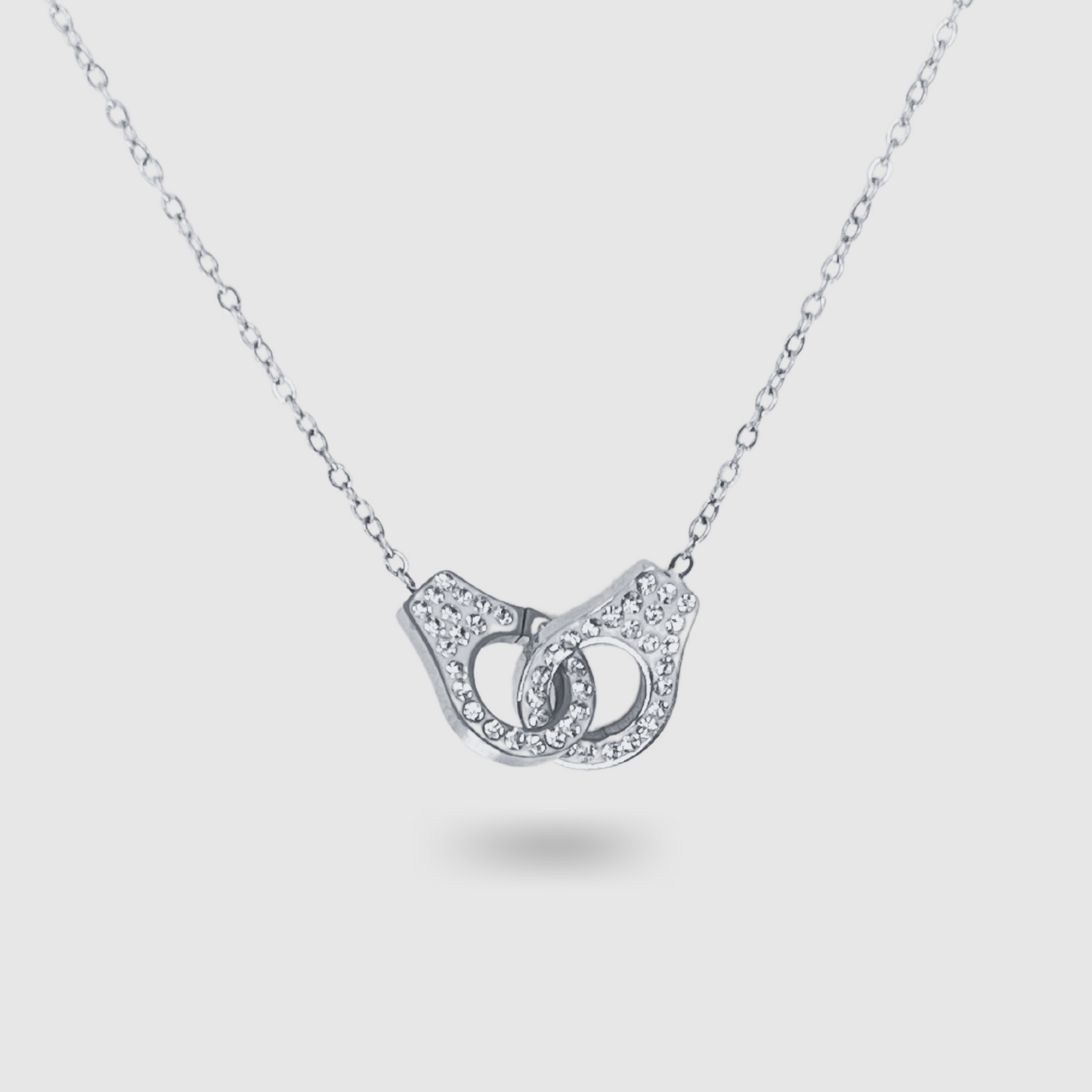 Collier ajustable, acier inox, pendentif menottes, argent, strass