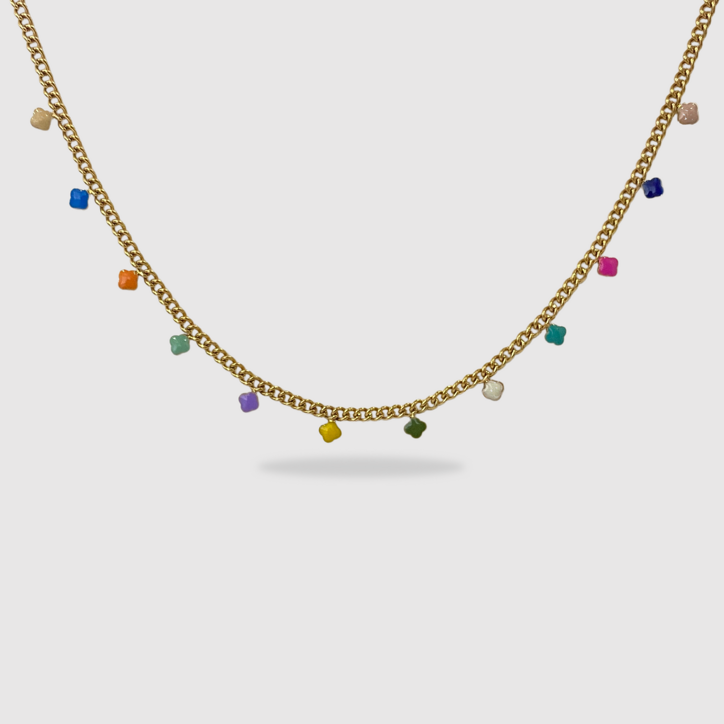 Collier Maléna, Acier inoxydable, couleur or, trèfles multicolores, ajustable