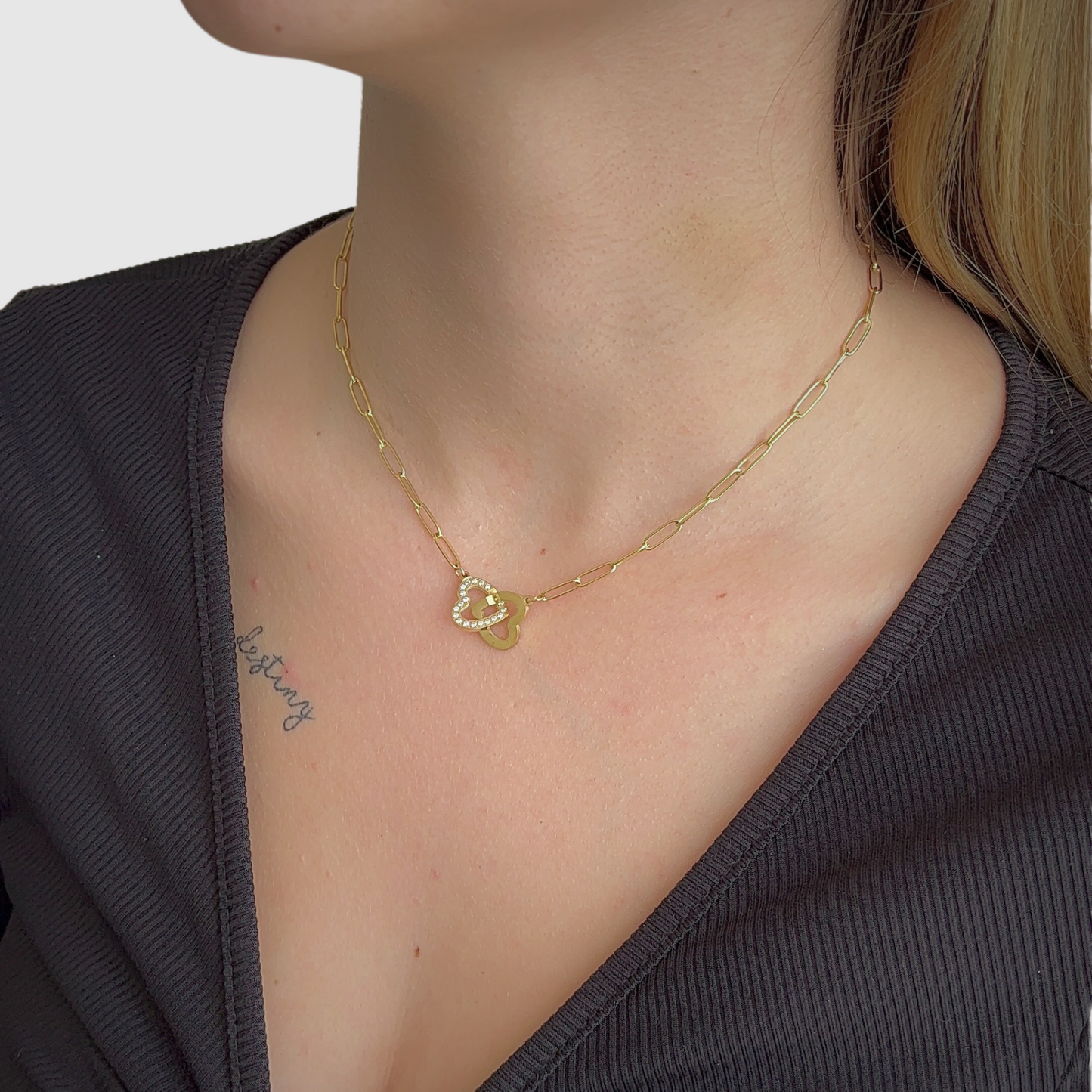 Acier inoxydable, 2 cœurs entrelacés, couleur or, strass, ajustable