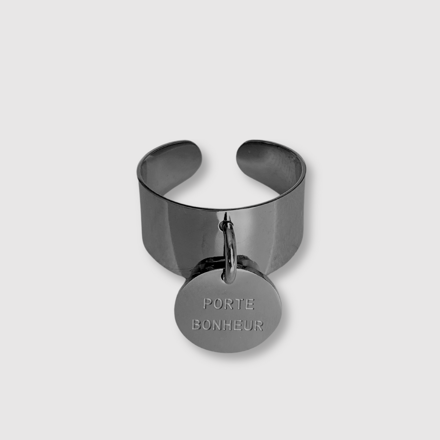 Bague Bonheur-breloque, acier inoxydable, "Bonheur" gravé sur disque breloque, ajustable, couleur argent