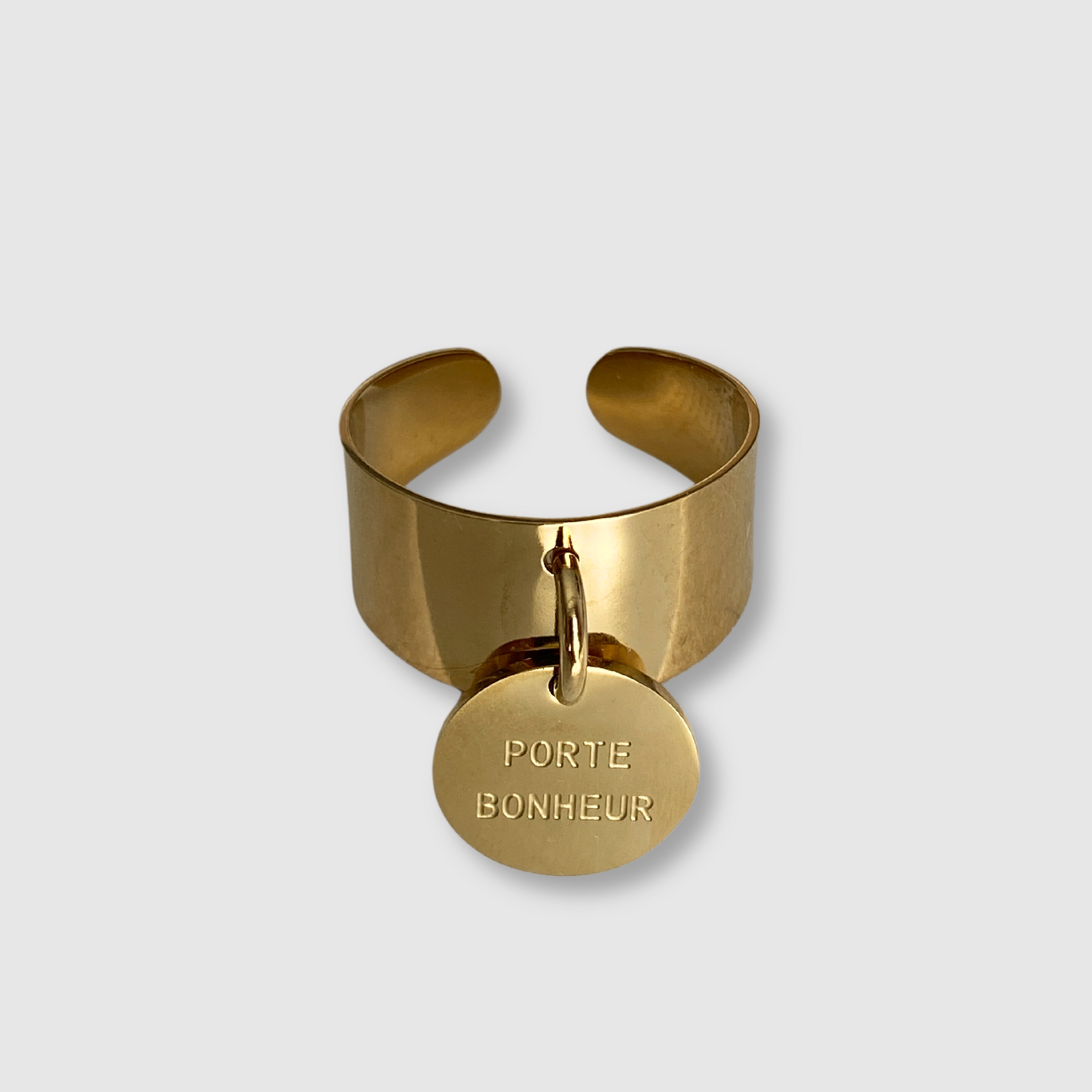 Bague Bonheur-breloque, acier inoxydable, "Bonheur" gravé sur disque breloque, ajustable, couleur or