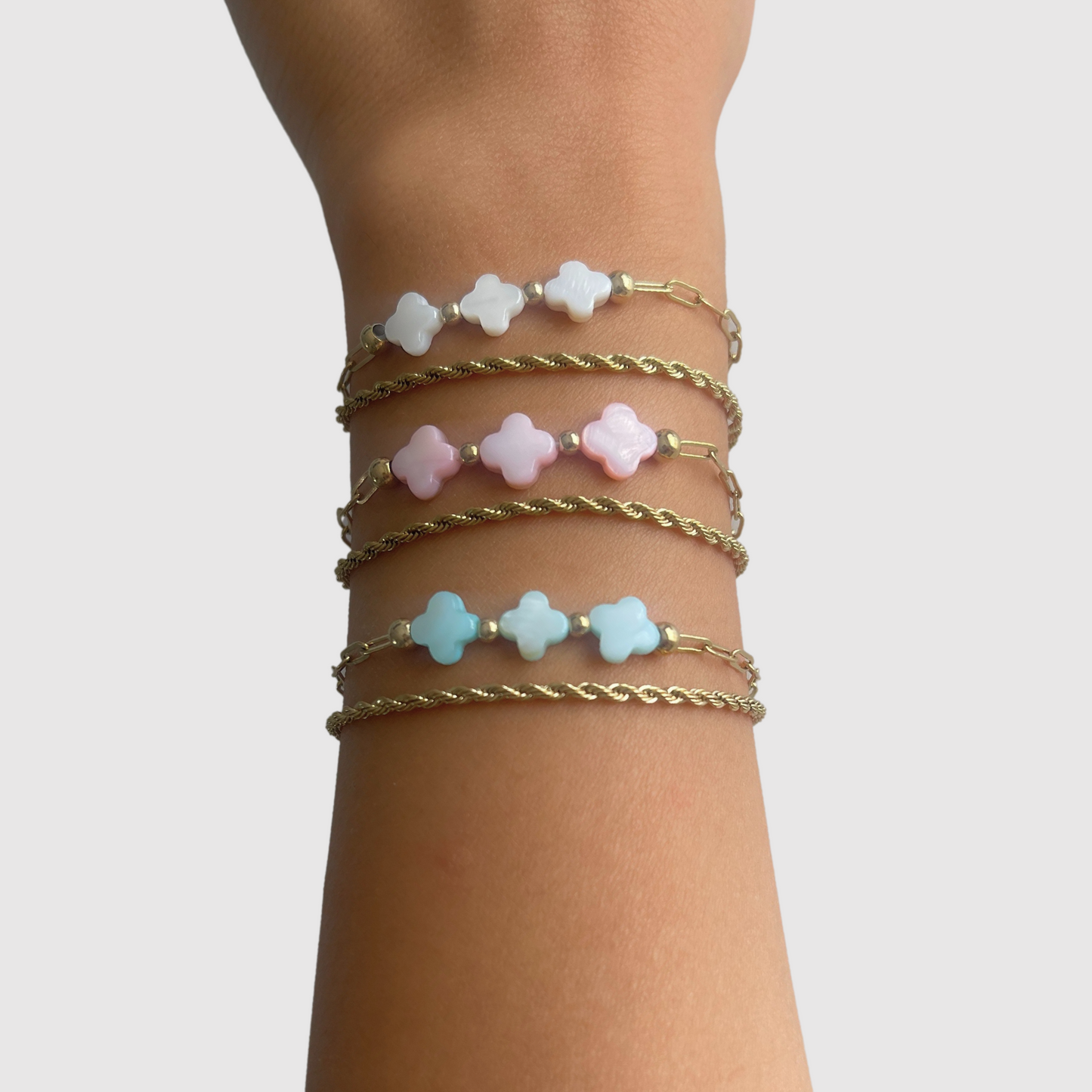 Bracelet Elénia-double, acier inoxydable, 3 trèfles, double chaîne, ajustable