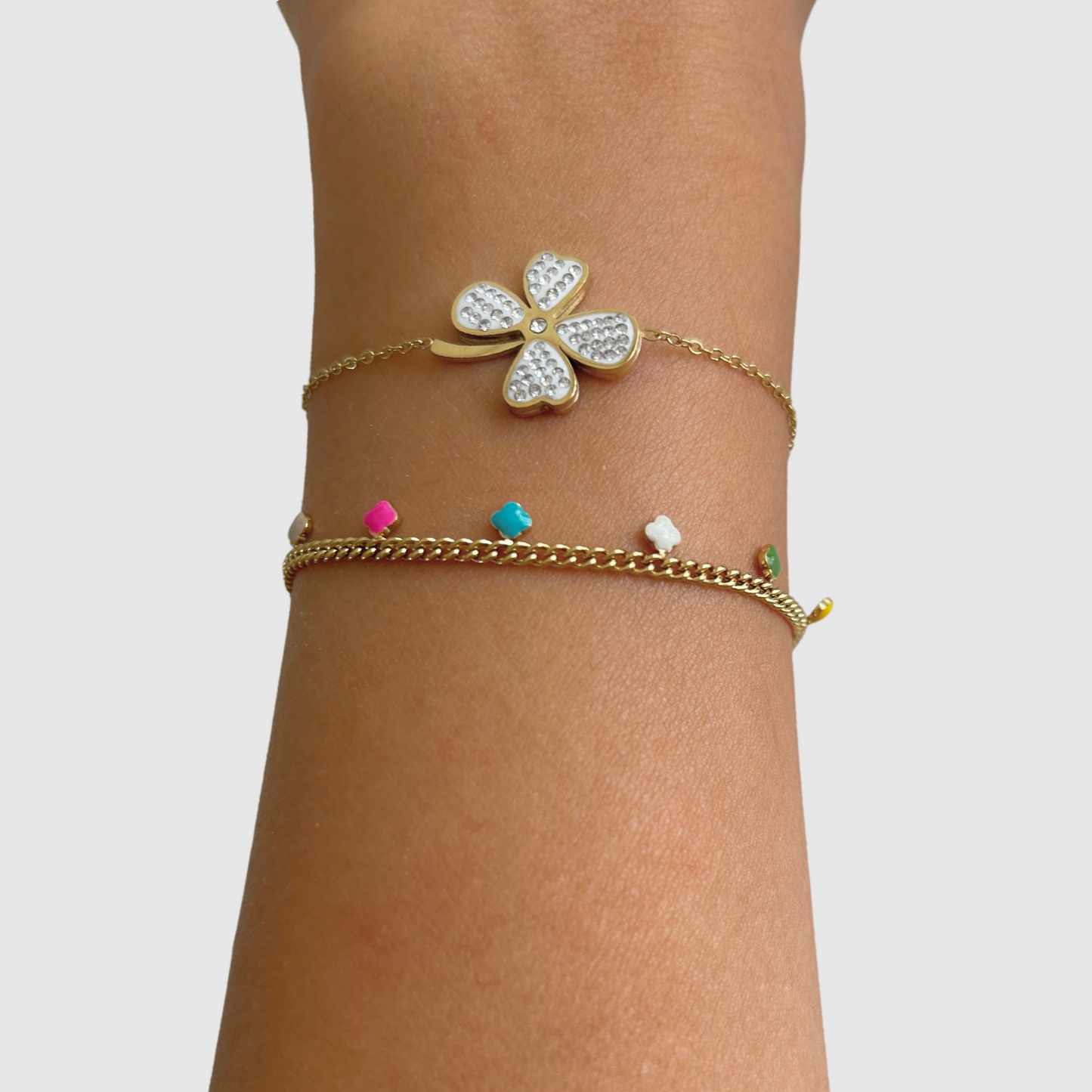 Bracelet Fortune-strass, acier inoxydable, couleur or, trèfle, strass, ajustable