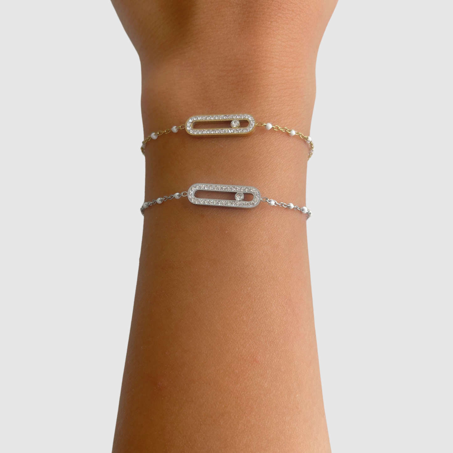 Bracelet Luxora-perles, acier inoxydable, rectangle arrondi, strass, perles ajustable, couleur or, couleur argent