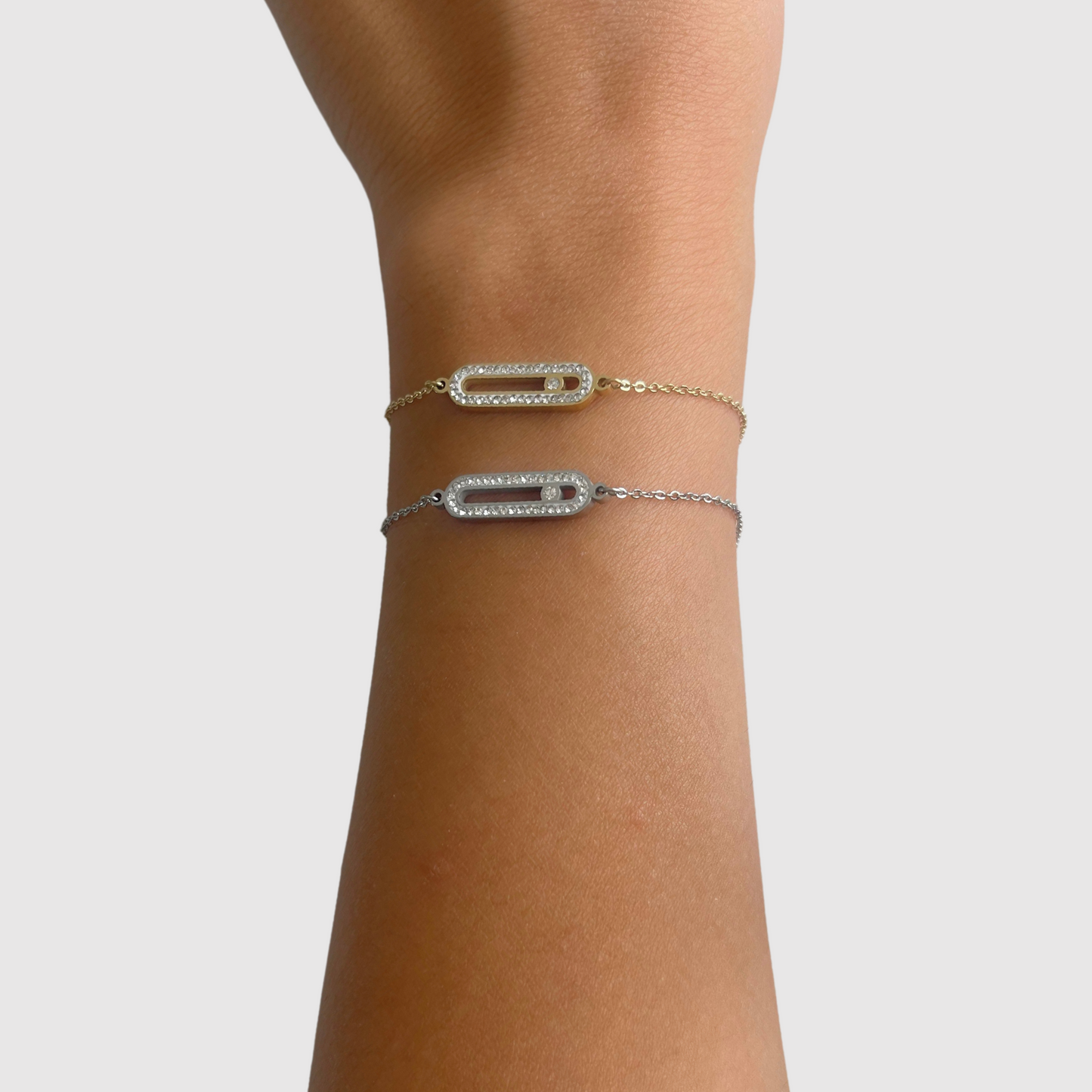 Bracelet Luxora, acier inoxydable, rectangle arrondi, strass, ajustable, couleur or, couleur argent