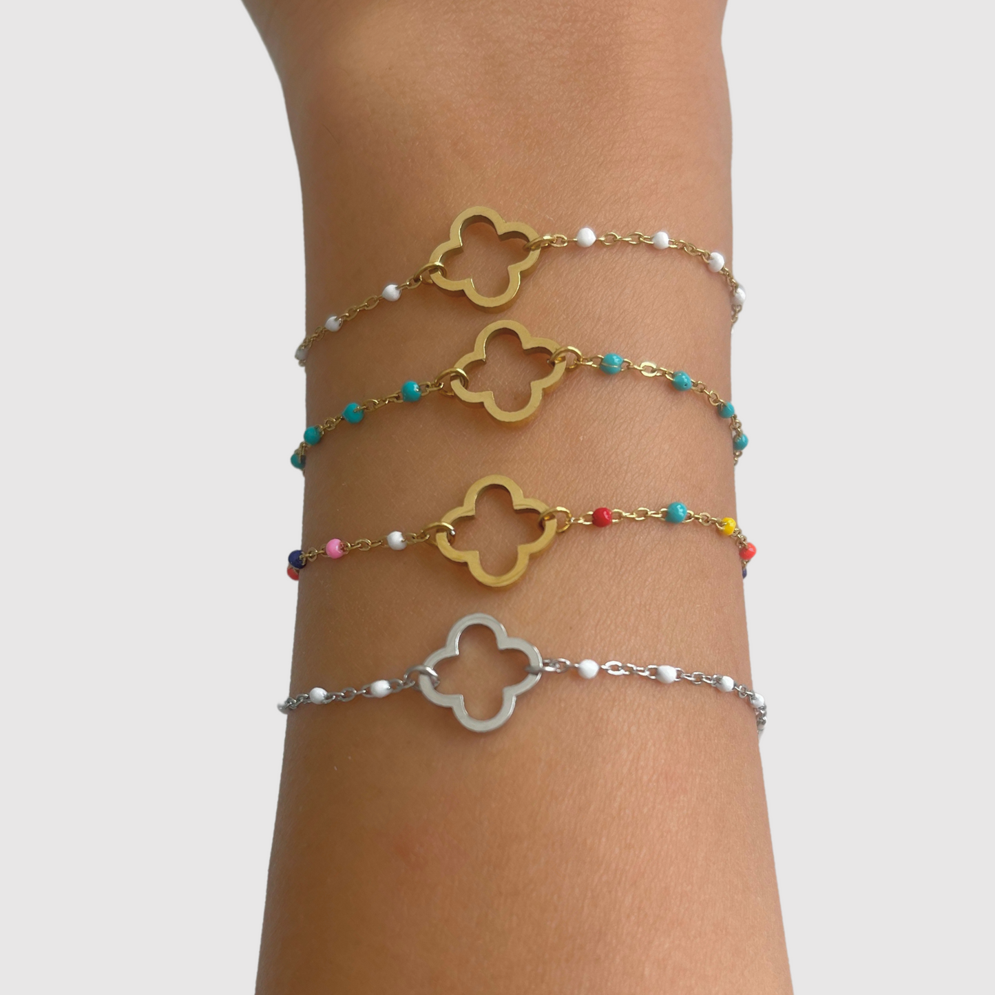 Bracelet Présage-perles, acier inoxydable, trèfle, perles, ajustable, multicolore