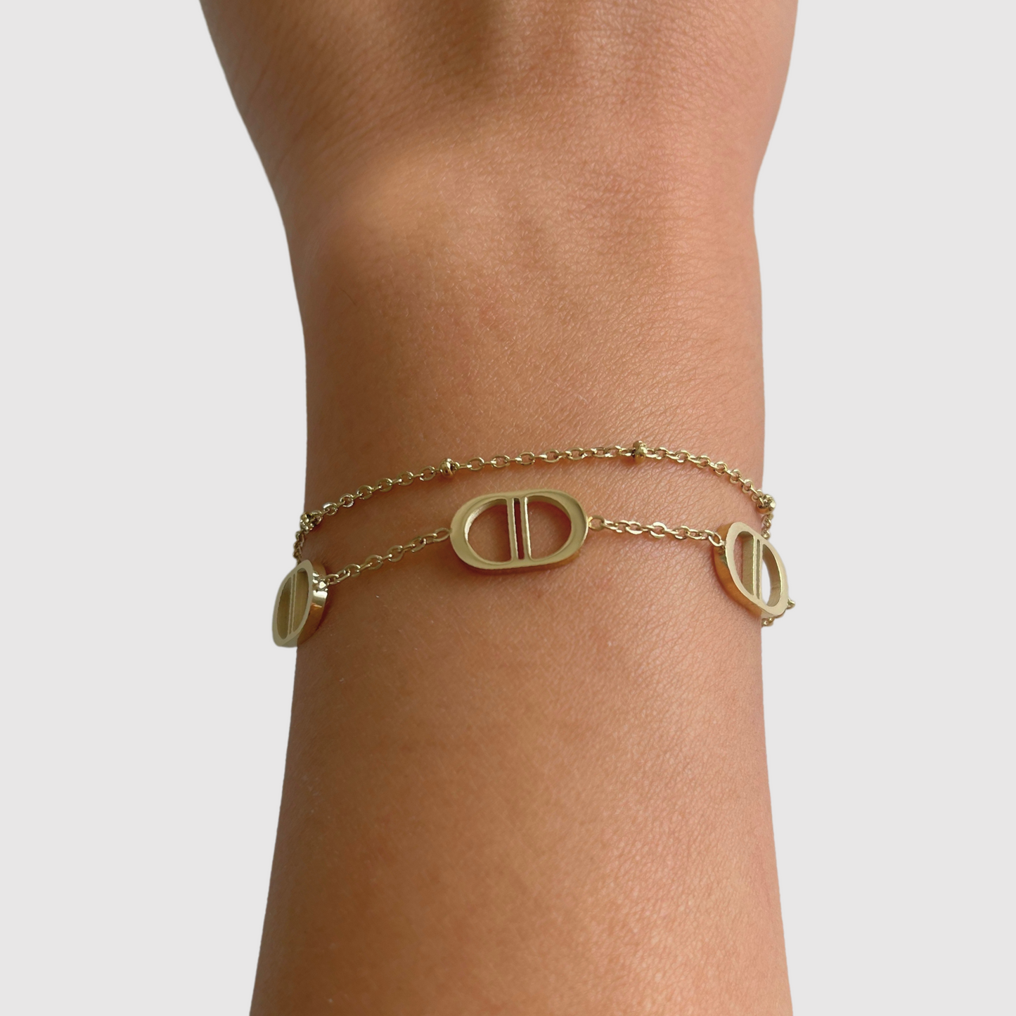 Bracelet Rêvira-double, acier inoxydable, 3 maillons, bracelet double ajustable, couleur or