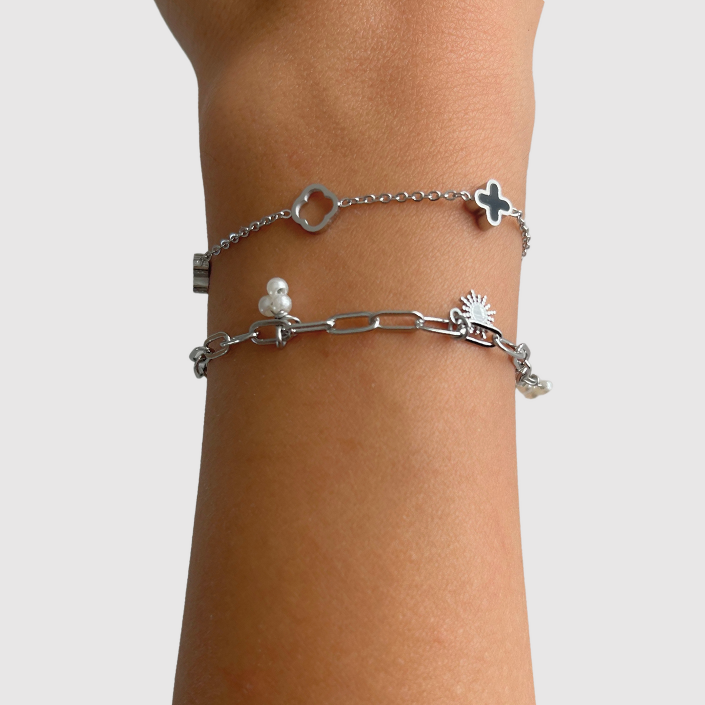Bracelet Spléndia-biface, acier inoxydable, signe plus, trèfle, ajustable, couleur argent + bracelet Tav