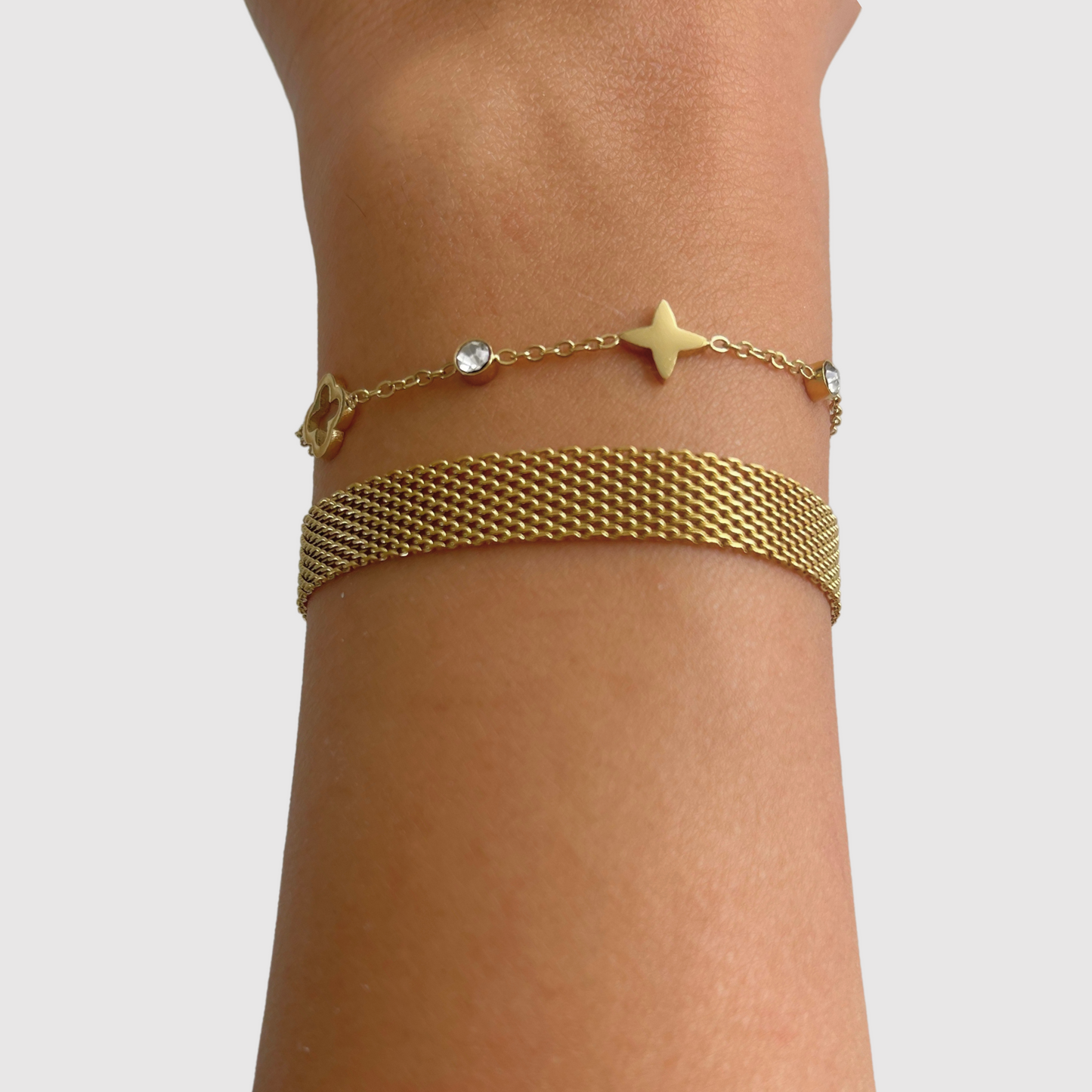 Bracelet Spléndia-strass, acier inoxydable, couleur or, 2 trèfles, 2 strass, 1 étoile, ajustable + bracelet Cléopatra