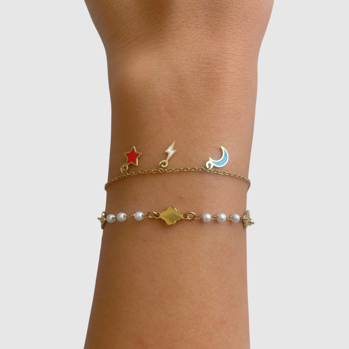 Bracelet Ciel, acier inoxydable, couleur or, lune, éclaire, étoile, ajustable + bracelet Véla