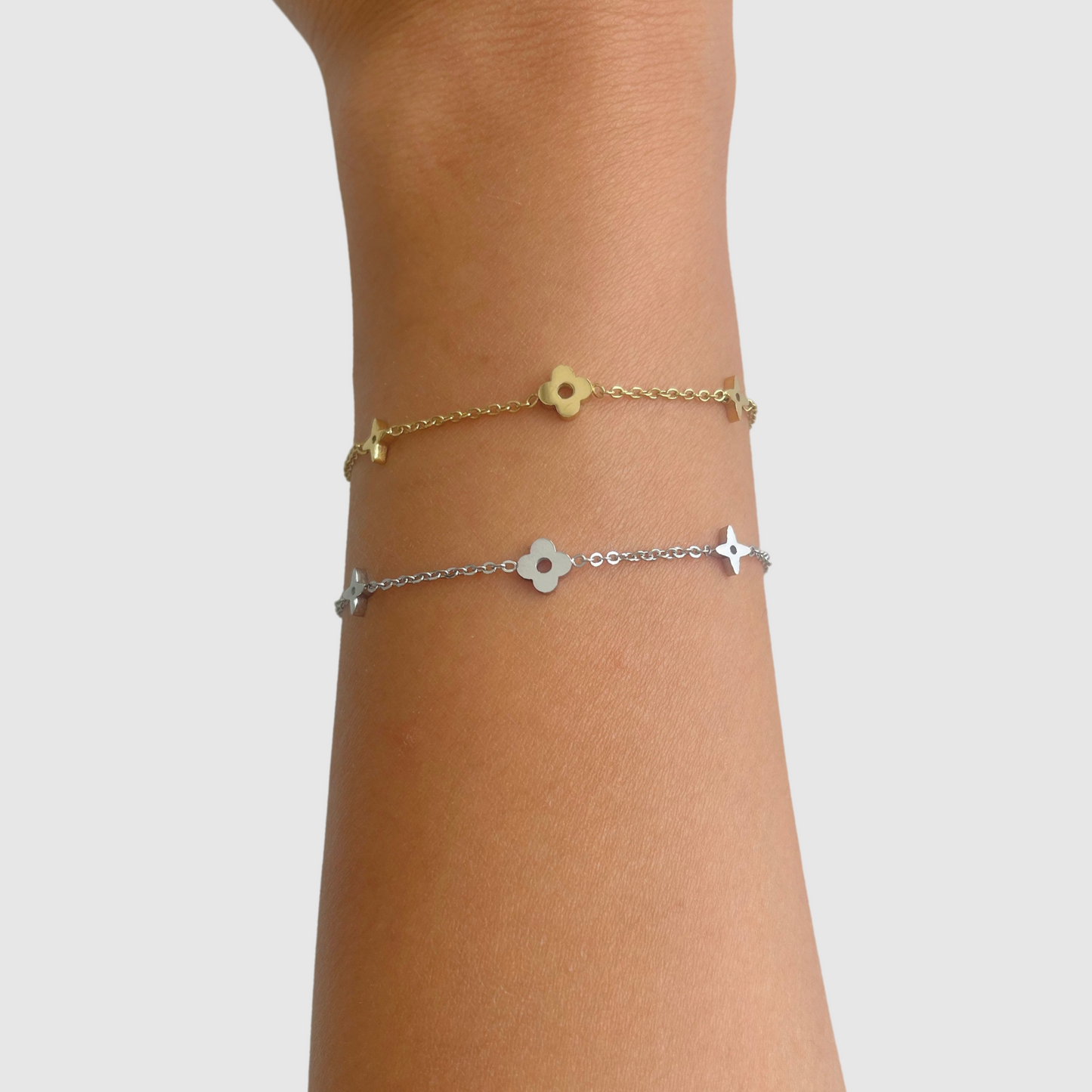 Bracelet Spléndia, acier inoxydable, 2 étoiles à 4 branches, 1 trèfle, ajustable, couleur or, couleur argent