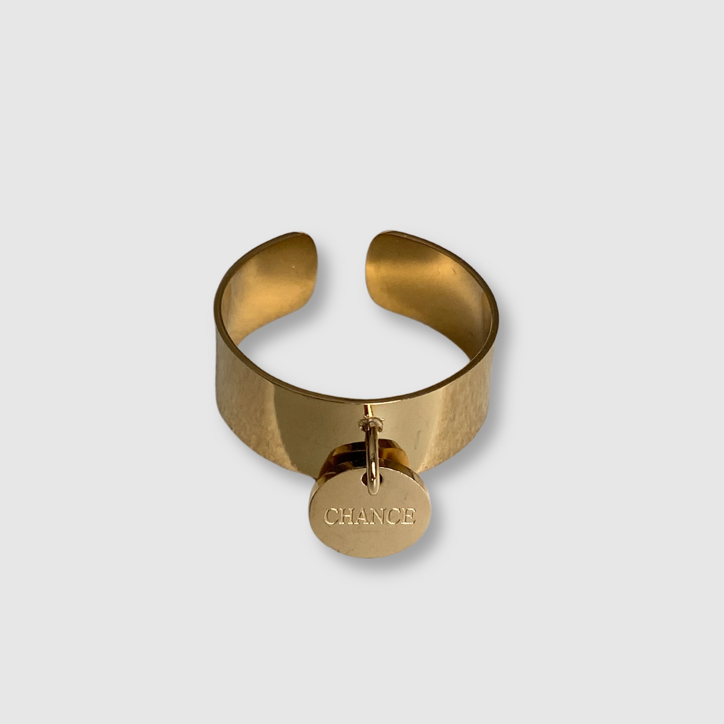 Bague Chance-breloque, acier inoxydable, "chance" gravé sur disque breloque, ajustable, couleur or