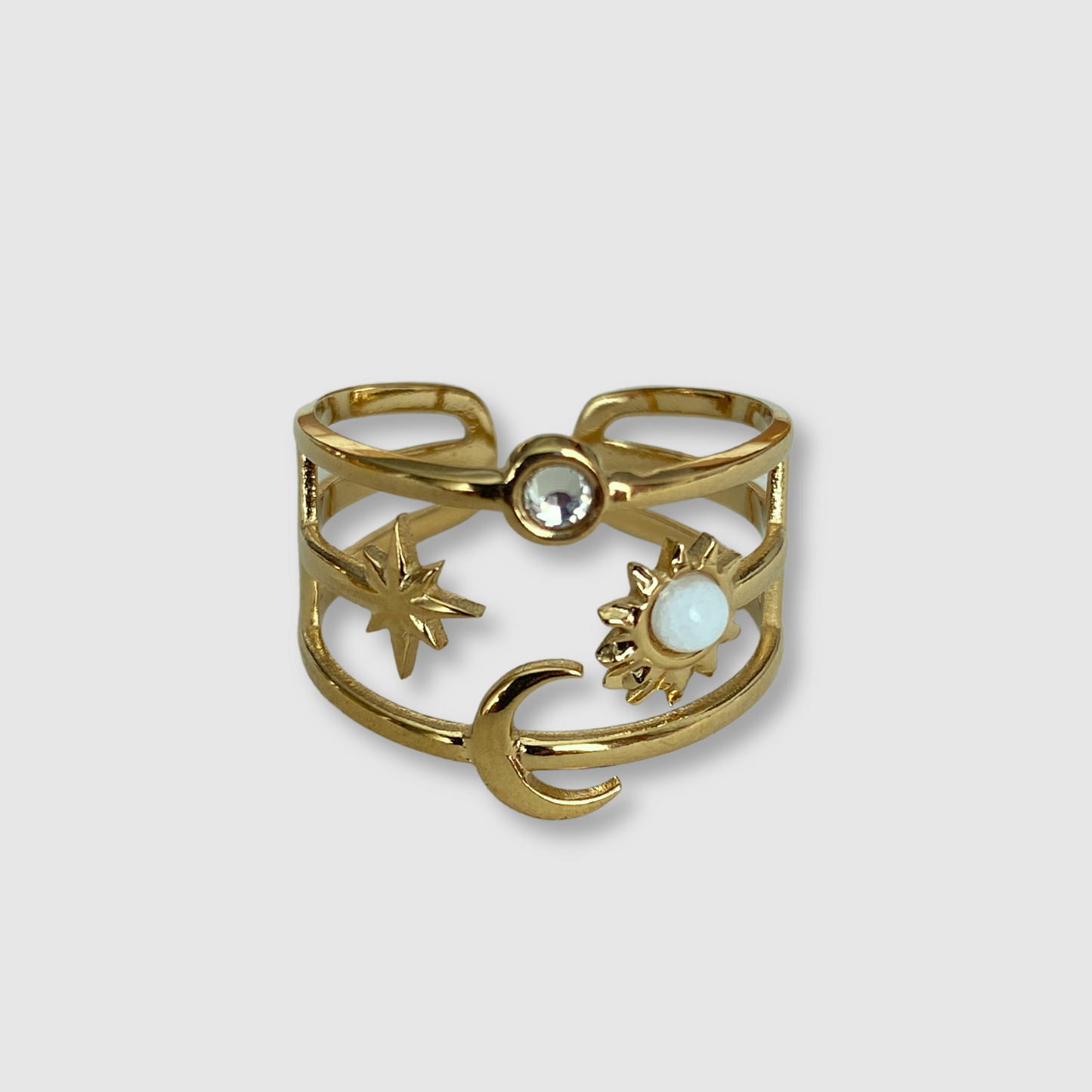 Bague Ciel, acier inoxydable, lune, soleil, étoile, perle, strass, ajustable, couleur or, perle blanche