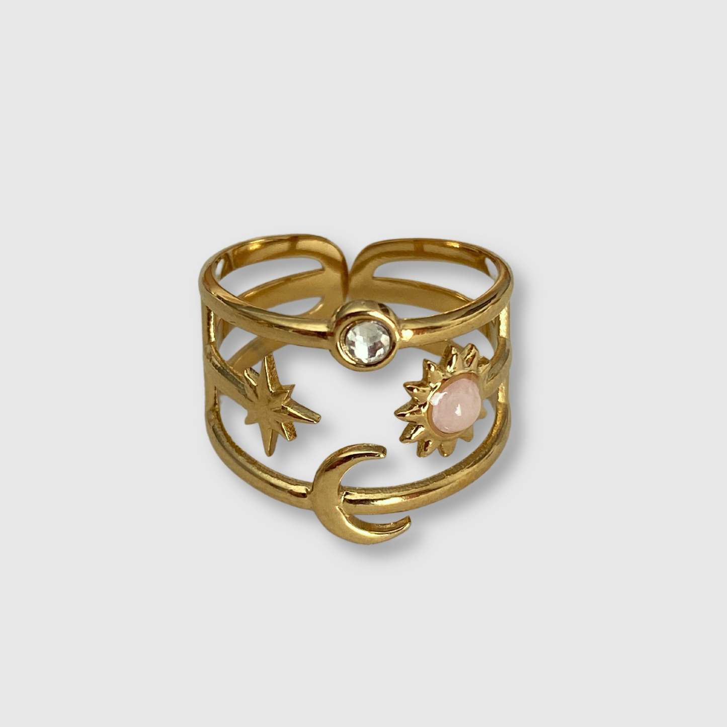 Bague Ciel, acier inoxydable, lune, soleil, étoile, perle, strass, ajustable, couleur or, perle rose