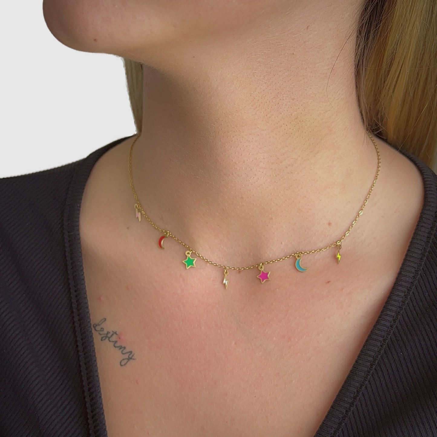 Collier Ciel, acier inoxydable, ajustable, couleur or, lunes, étoiles, éclaires multicolores