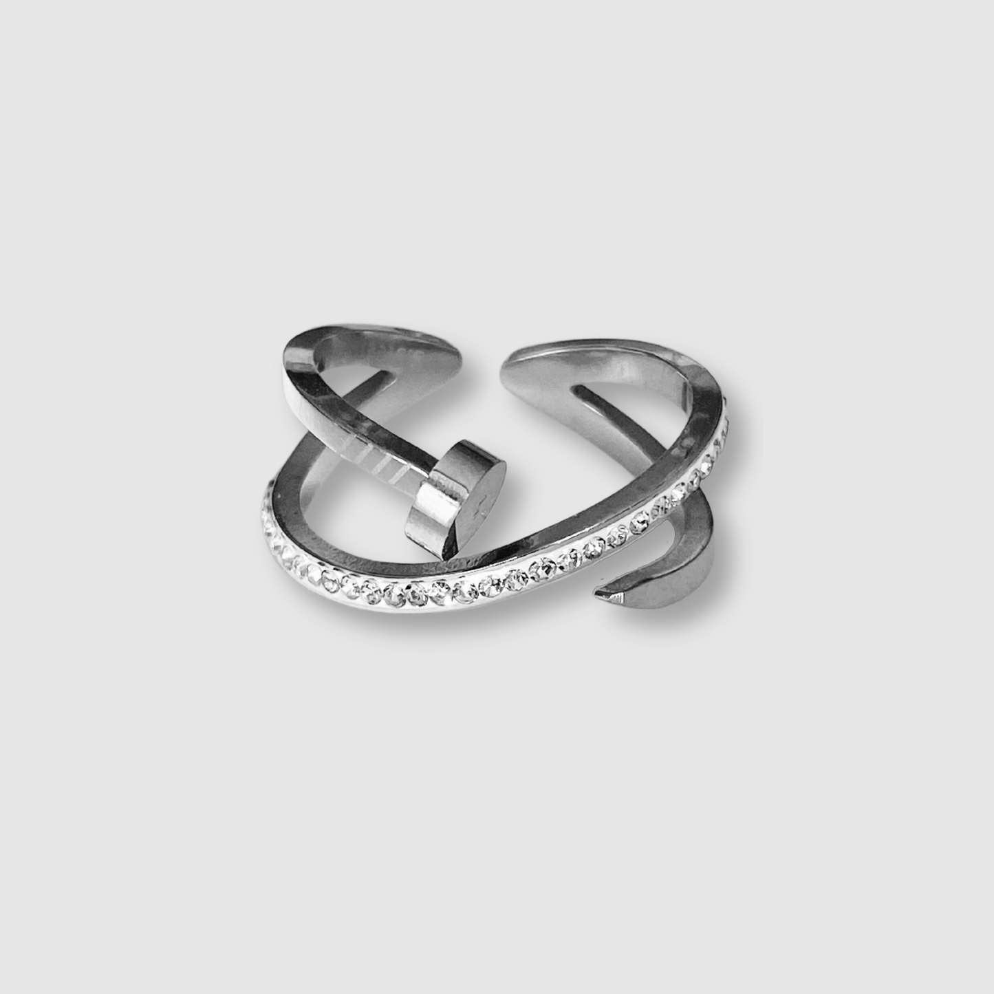 Bague Clouette-double strass, acier inoxydable, double anneaux, clou, strass, ajustable, couleur argent