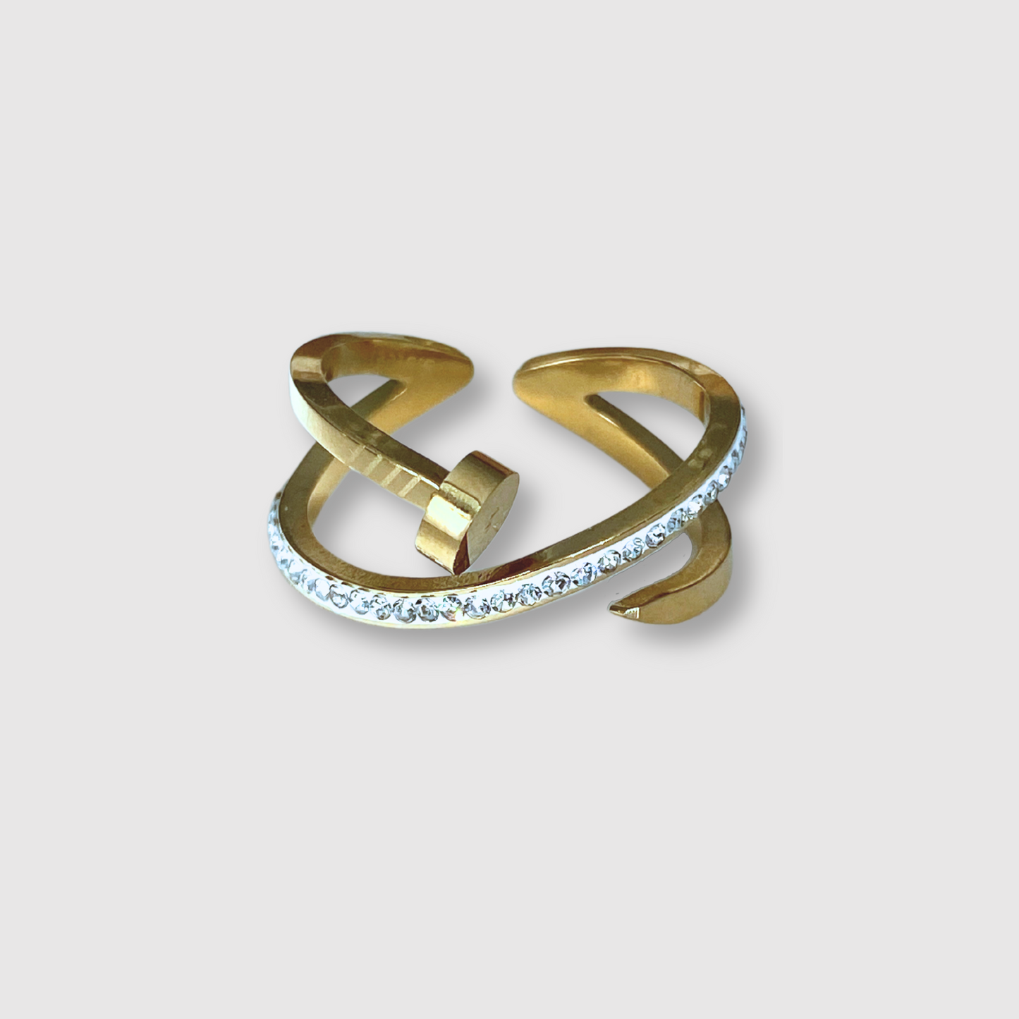 Bague Clouette-double strass, acier inoxydable, double anneaux, clou, strass, ajustable, couleur or/argent