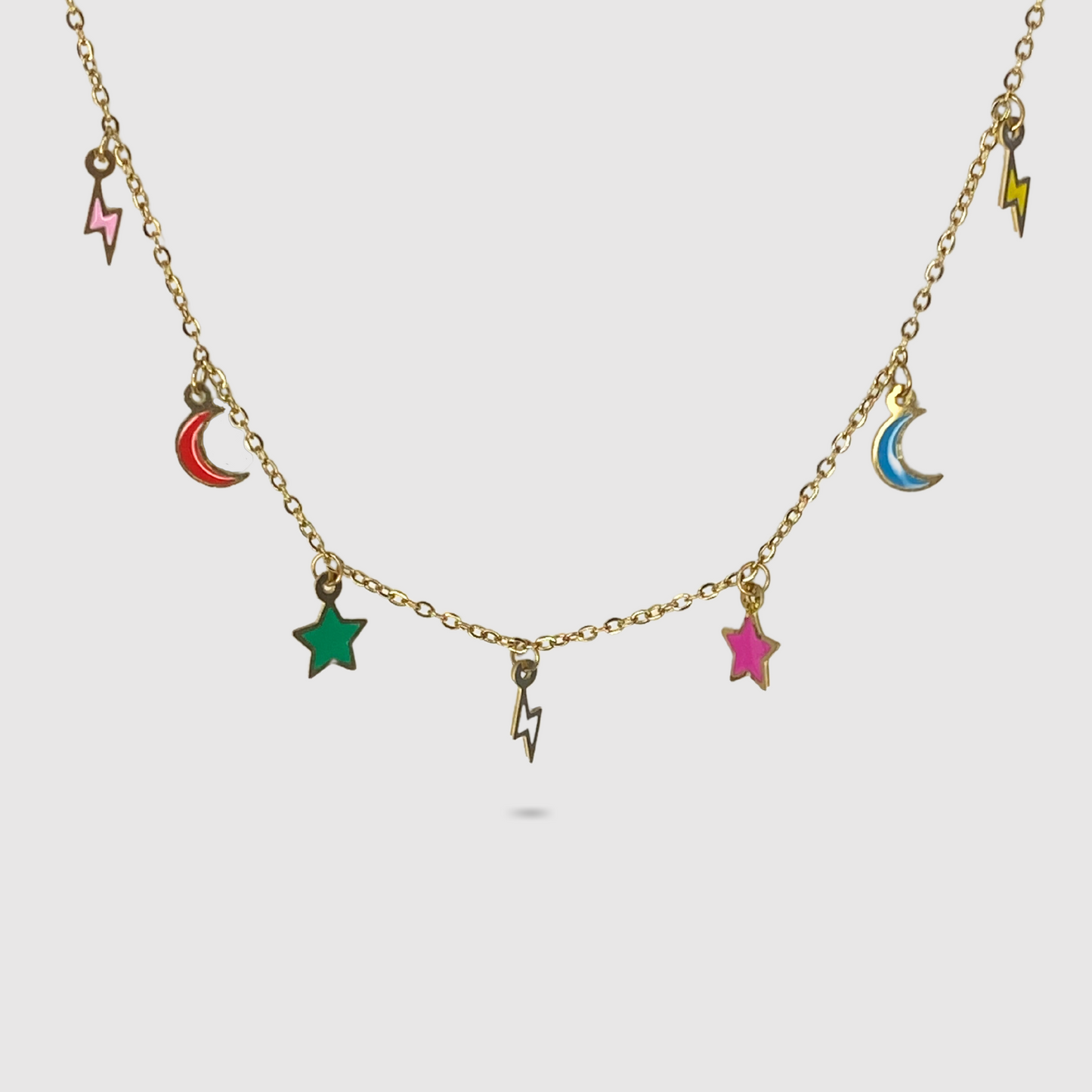 Collier Ciel, acier inoxydable, ajustable, couleur or, lunes, étoiles, éclaires multicolores