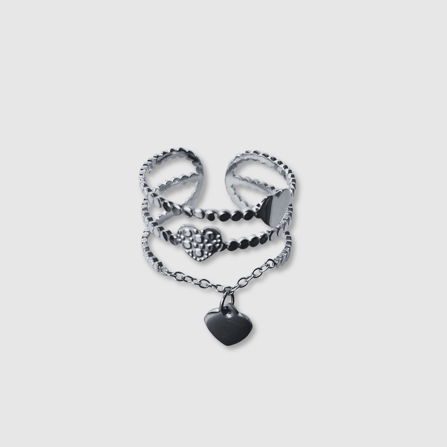 Bague Délis-breloque, acier inoxydable, triple anneaux, 3 cœurs, breloque, ajustable, couleur argent