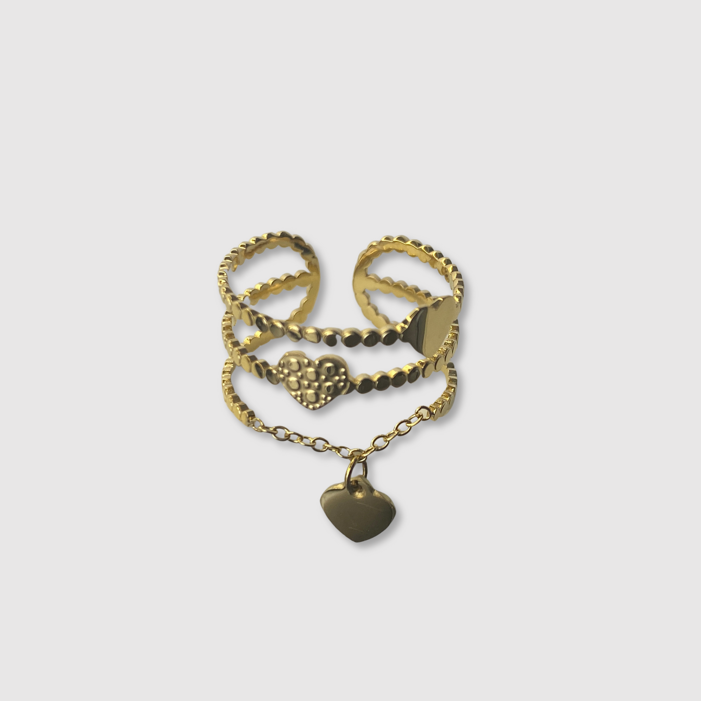 Bague Délis-breloque, acier inoxydable, triple anneaux, 3 cœurs, breloque, ajustable, couleur or