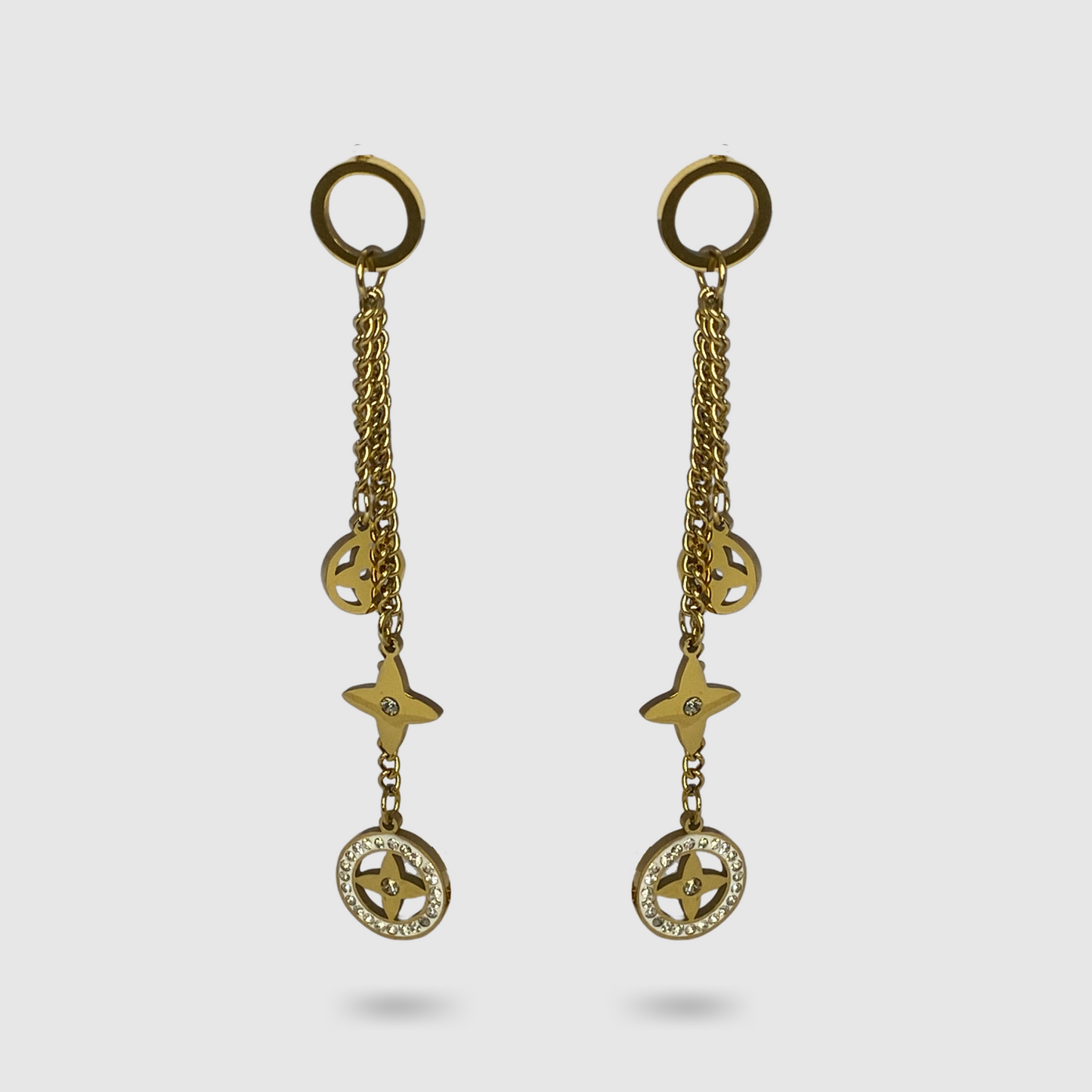 Boucles d'oreilles Divinova, acier inoxydable, 3 pendants d'étoiles 4 pointes, strass, couleur or