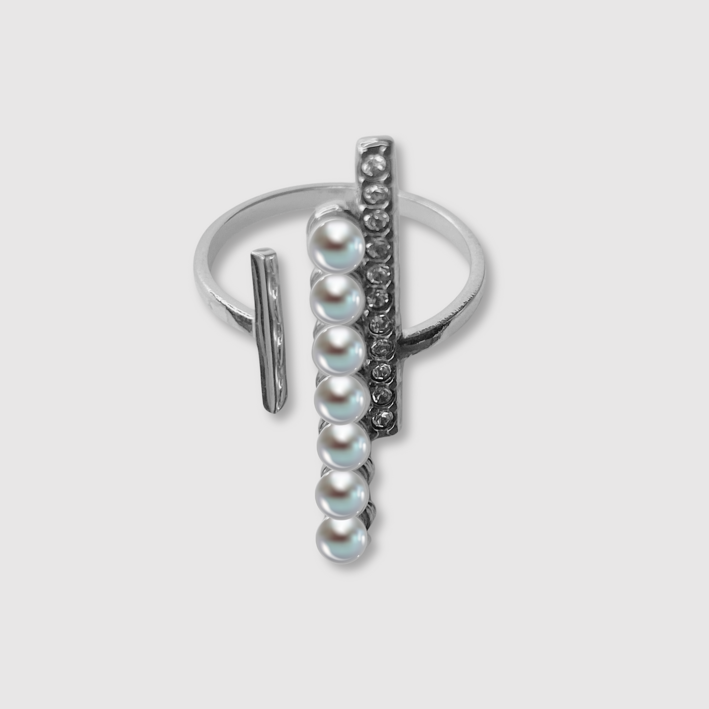 Bague Elégantia-strass, acier inoxydable, 7 perles, 11 strass, ajustable, couleur argent