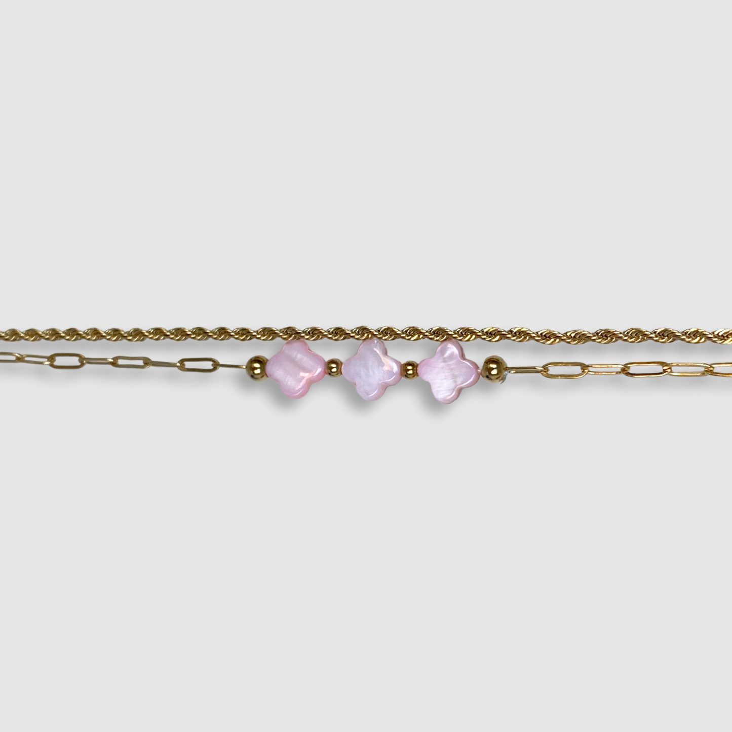 Bracelet Elénia-double, acier inoxydable, 3 trèfles, double chaîne, ajustable, couleur or, trèfles roses