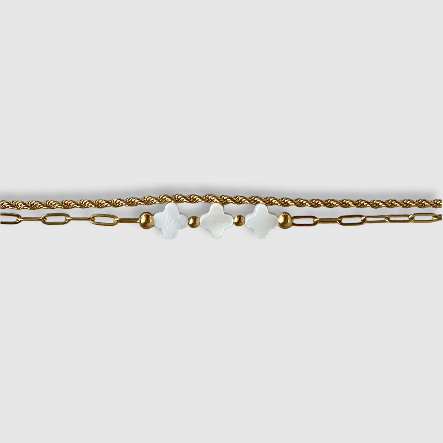 Bracelet Elénia-double, acier inoxydable, 3 trèfles, double chaîne, ajustable, couleur or, trèfles blancs