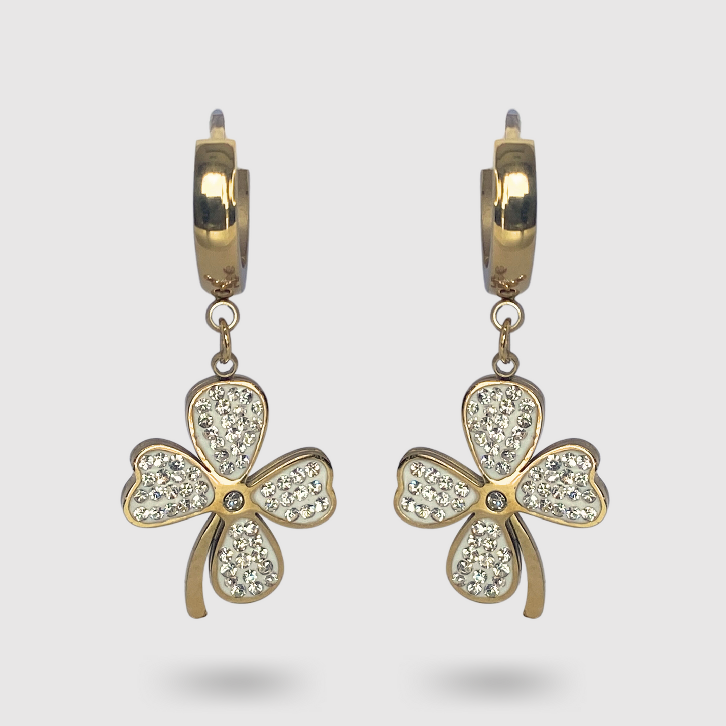 Boucles d'oreilles Fortune-strass, Acier inoxydable, strass, trèfle, couleur or