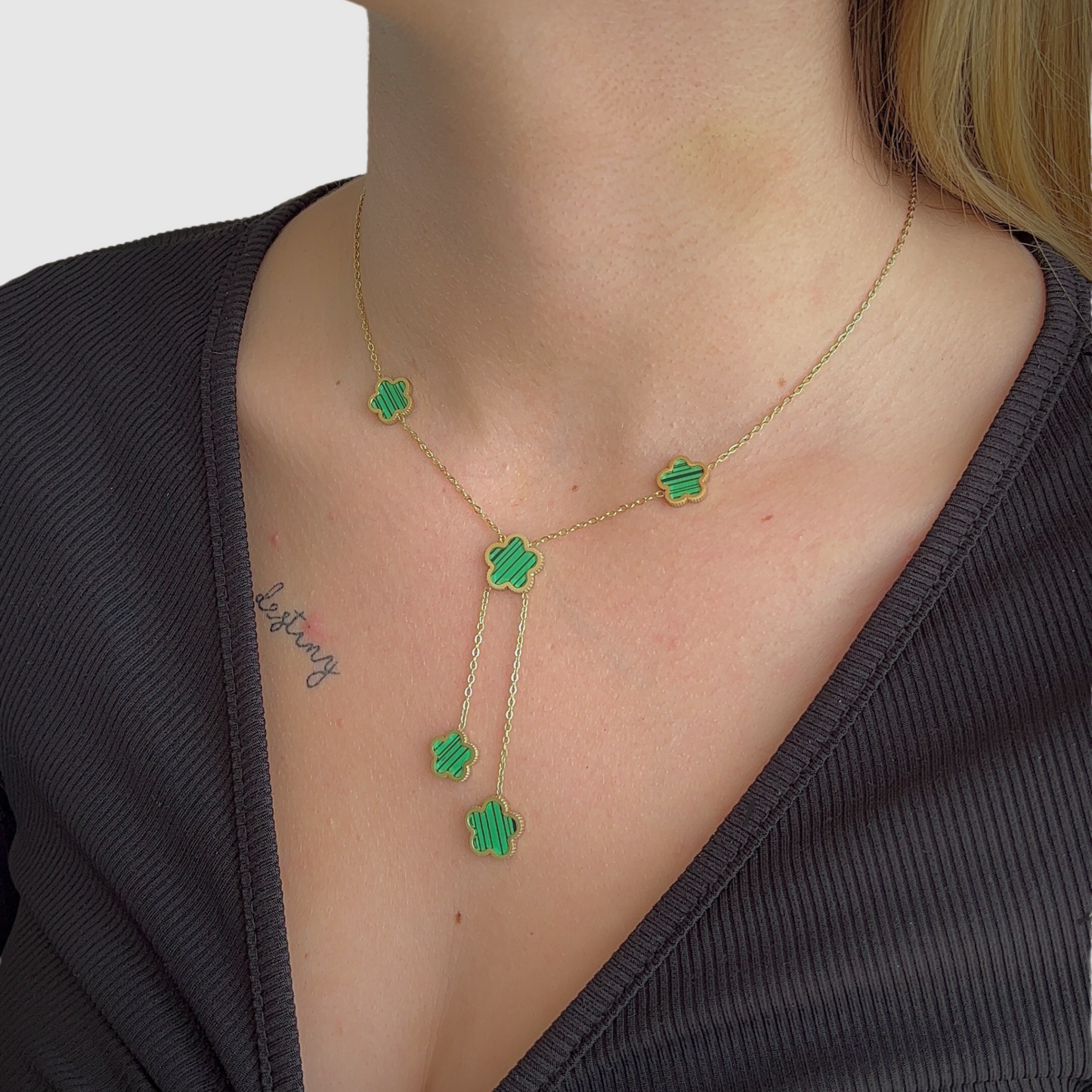 Collier acier inoxydable, 5 fleurs vertes, double descente, ajustable