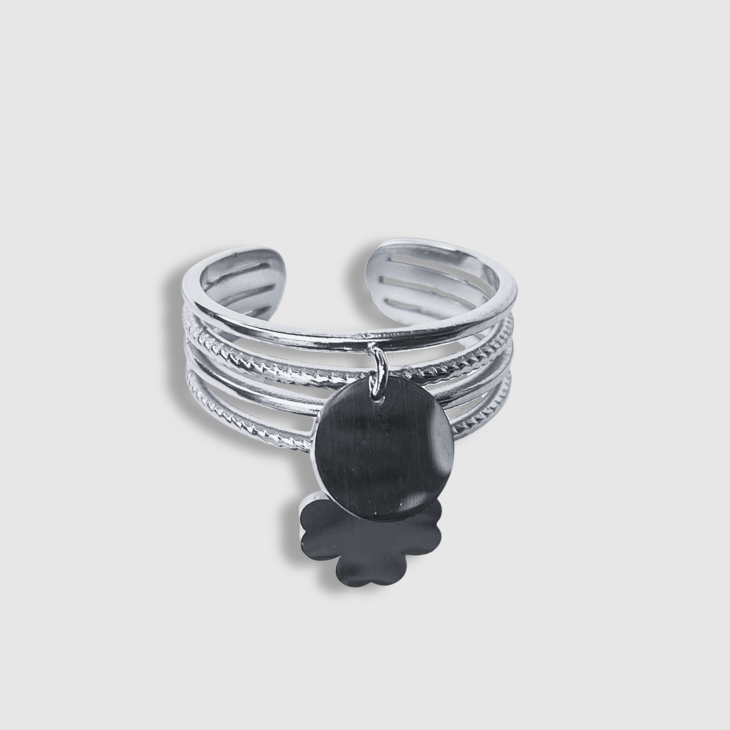 Bague Oxalis, Acier inoxydable, 4 anneaux, 1 trèfle, 1 disque, ajustable, couleur argent