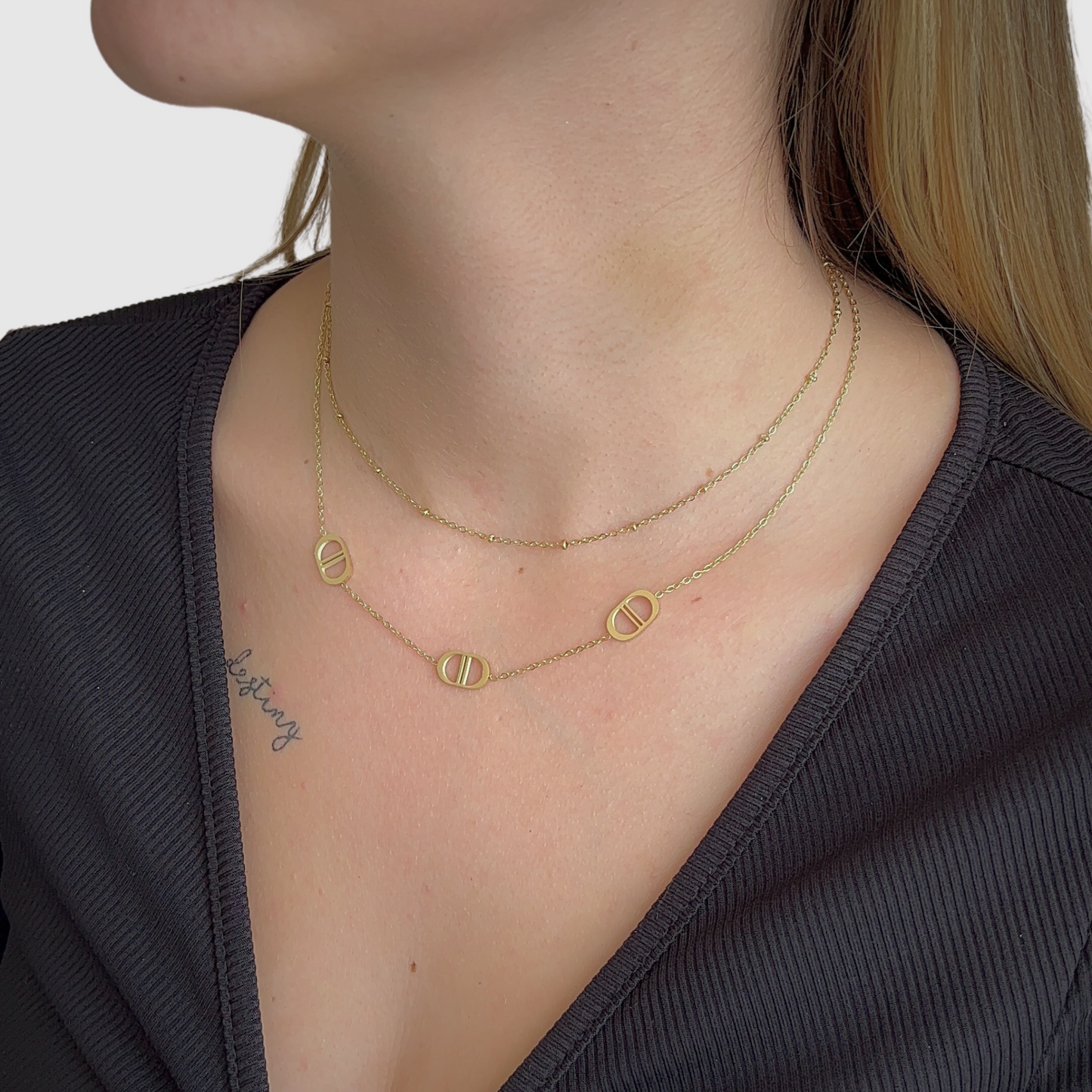Collier ajustable double, acier inoxydable, 3 maillons, or
