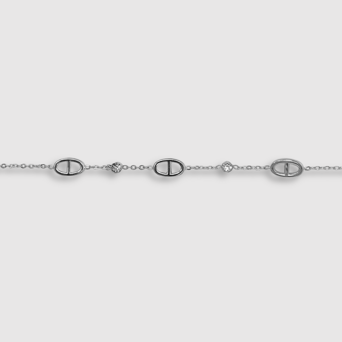 Bracelet Rêvira-strass, ajustable, acier inoxydable, 3 maillons, 2 strass, couleur argent