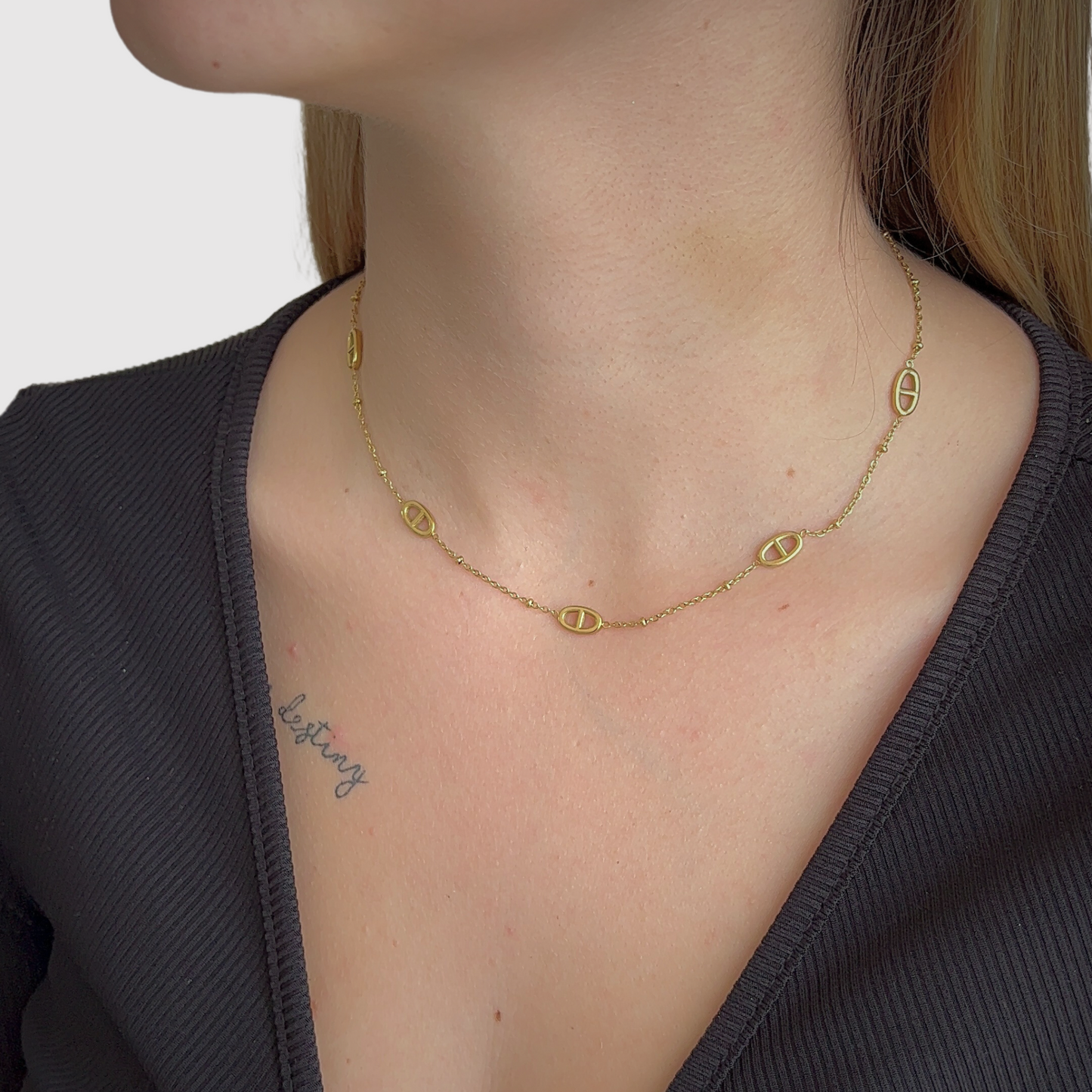 Collier ajustable, acier inoxydable, pendentif 5 maillons, or