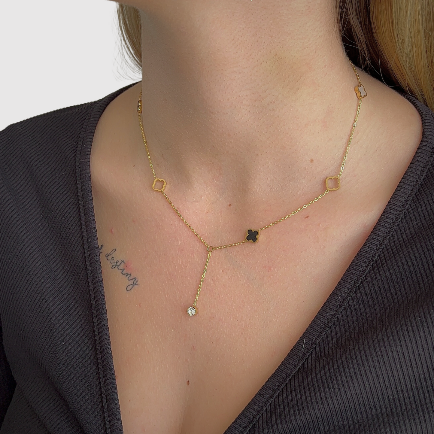 Acier inoxydable, descente, strass, trèfle, double face, ajustable, couleur or