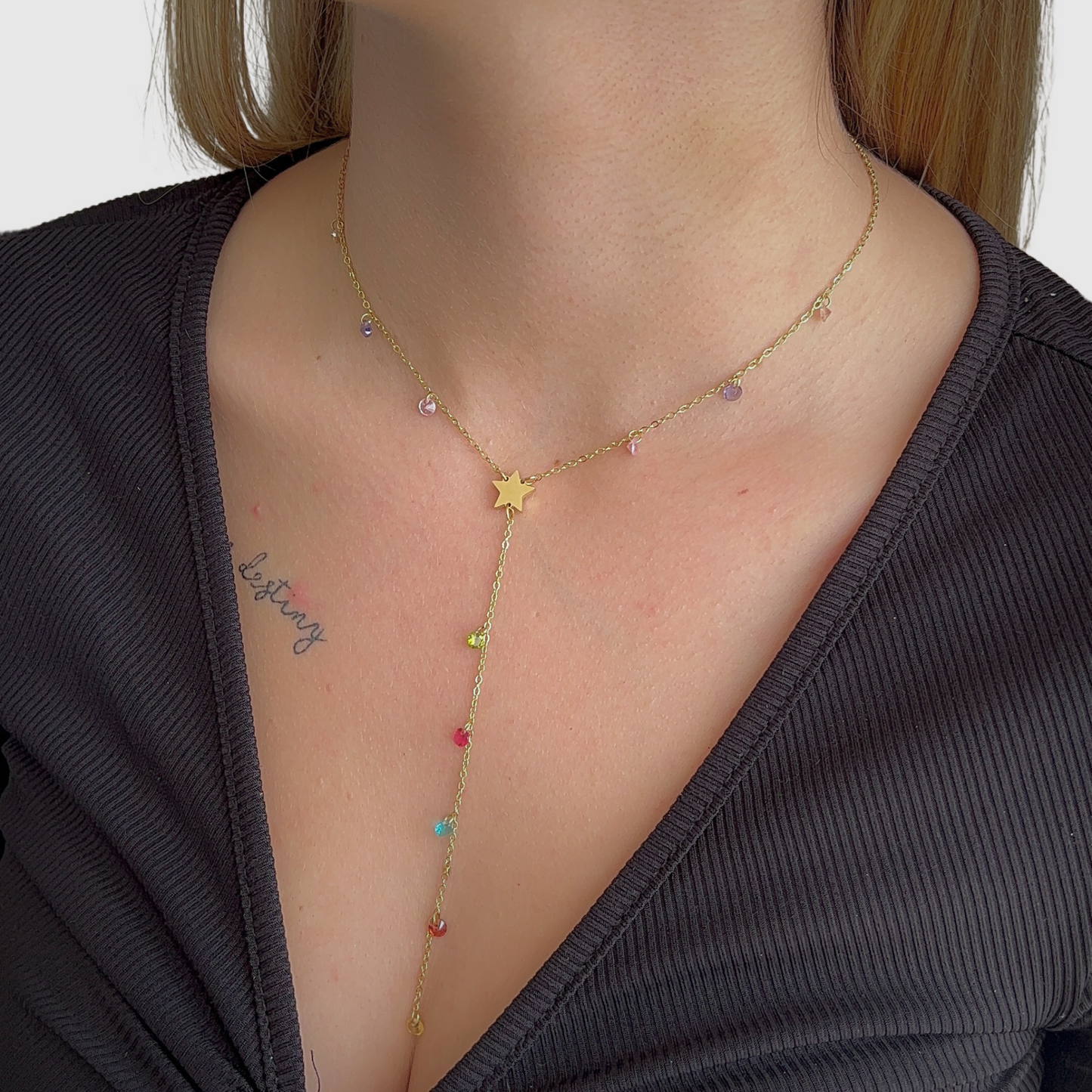 Acier inoxydable, étoile, strass diamants multicolores, descente, ajustable