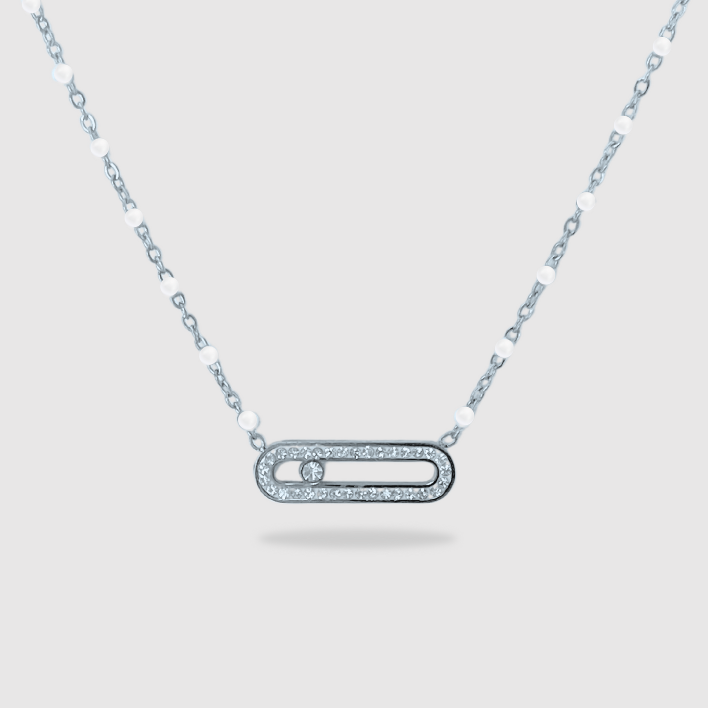 Collier Luxora-perles, acier inoxydable, rectangle arrondi, strass, perles ajustable, couleur argent