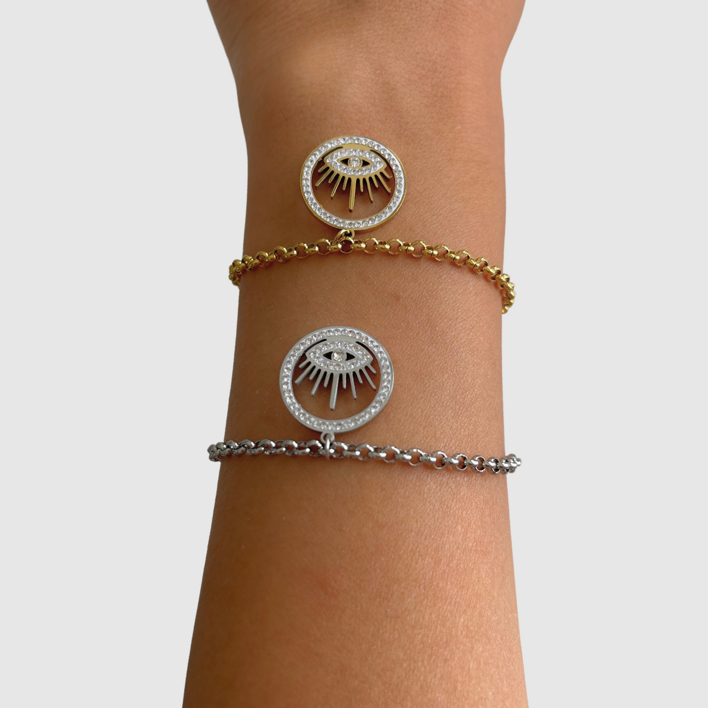 Bracelet Céleste, acier inoxydable, couleur or et argent, œil, cercle, strass, ajustable
