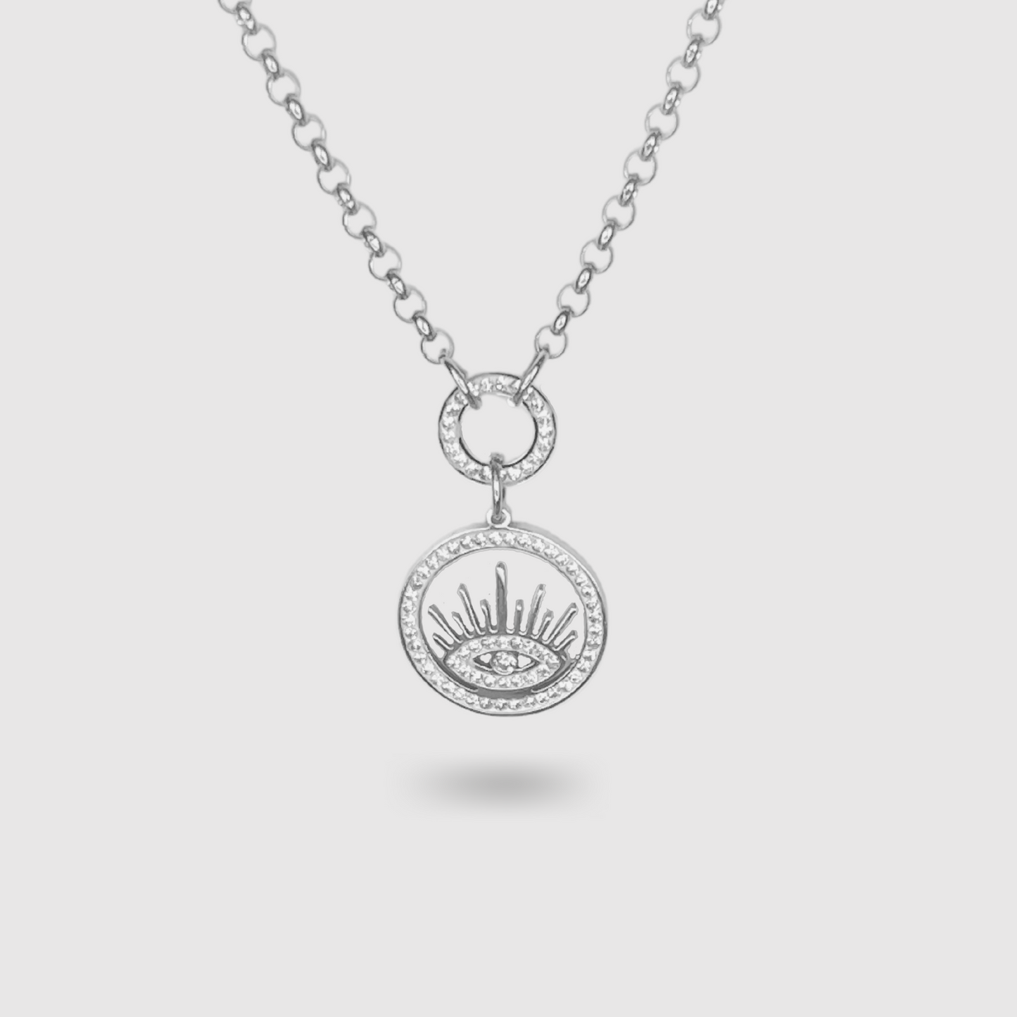 Collier Céleste, Acier inoxydable, couleur argent, strass, oeil, cercles, ajustable