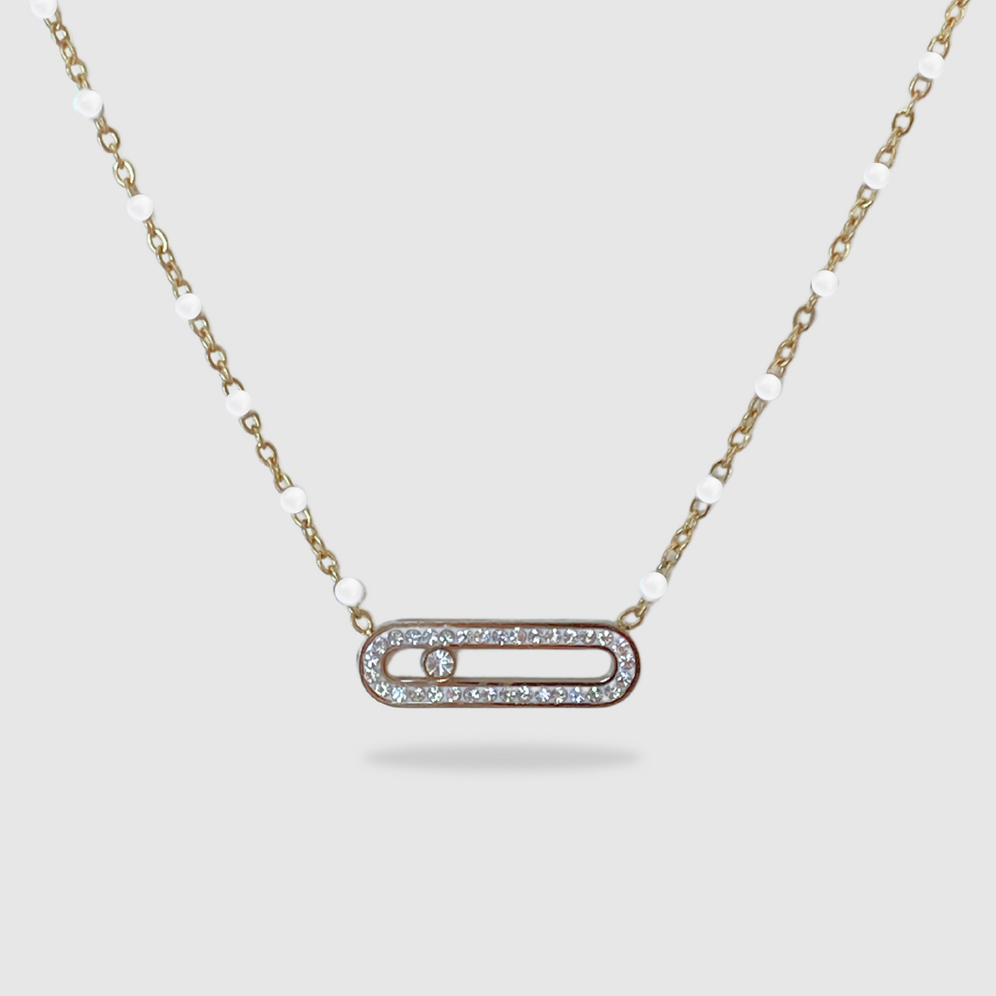 Collier Luxora-perles, acier inoxydable, rectangle arrondi, strass, perles ajustable, couleur or