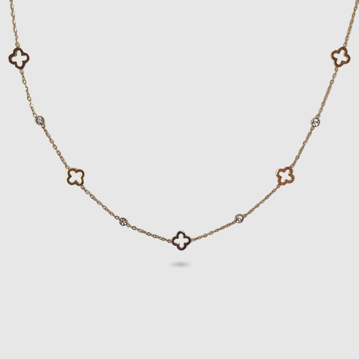 Collier Spléndia-strass, acier inoxydable, couleur or, 5 trèfles, 4 strass, ajustable