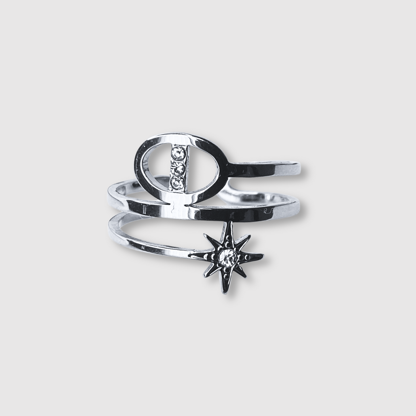 Bague Rêvira-strass, acier inoxydable, 1 maillon, 1 étoile, strass, ajustable, couleur argent