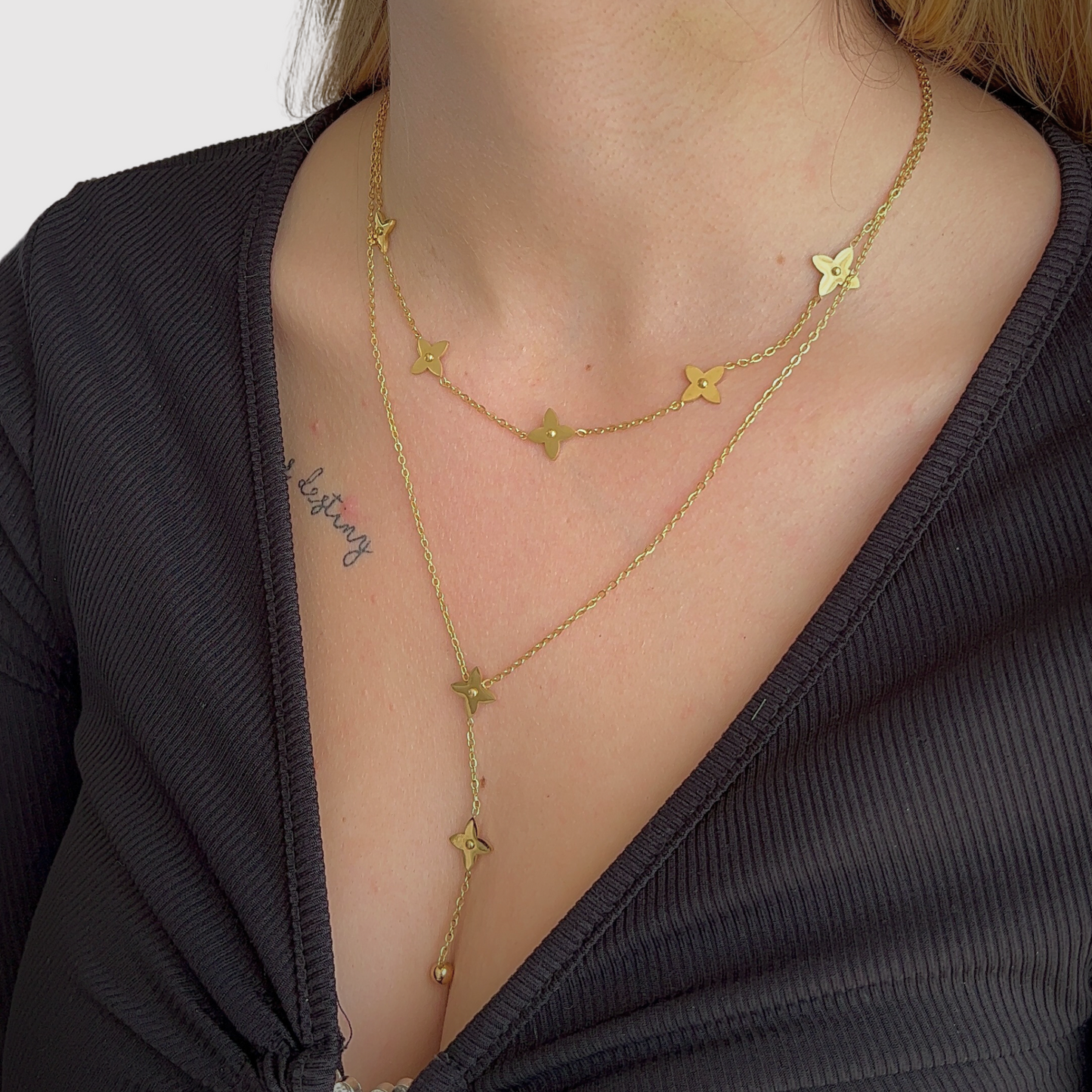 Acier inoxydable, double chaîne, 7 étoiles, 1 perle, ajustable, couleur or