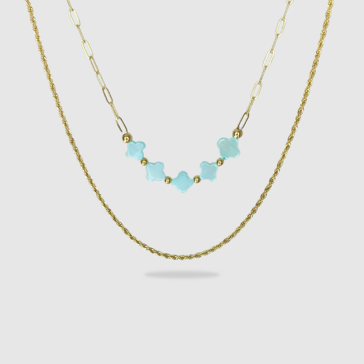 double chaîne, acier inoxydable, pendentif 5 trèfles turquoises, ajustable