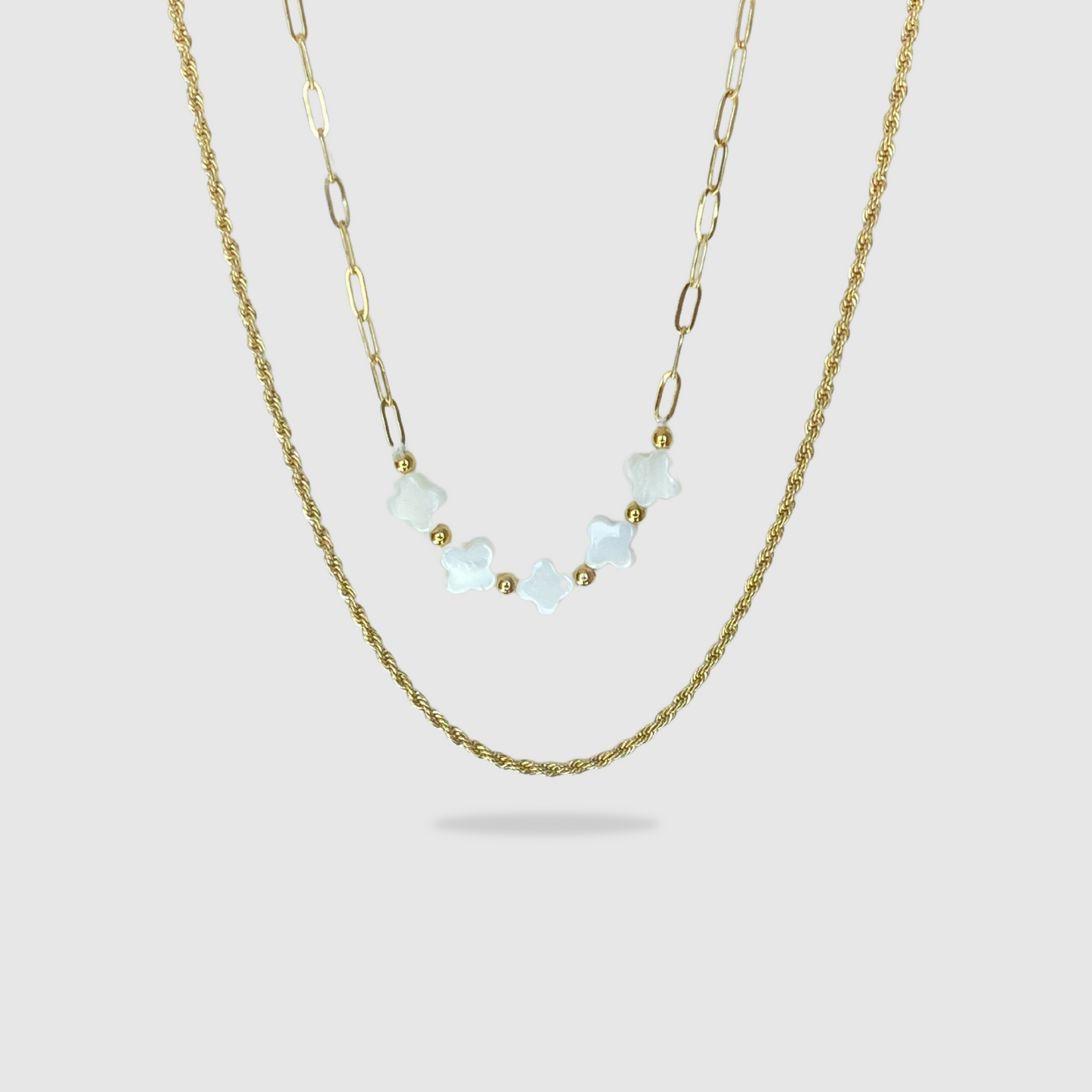double chaîne, acier inoxydable, pendentif 5 trèfles blancs, ajustable