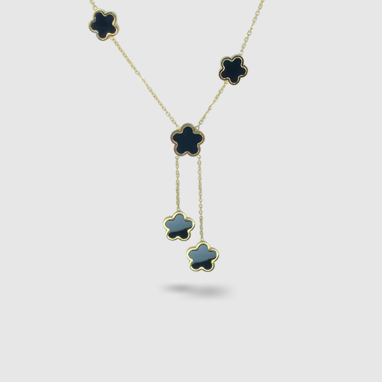 Collier acier inoxydable, 5 fleurs noires, double descente, ajustable
