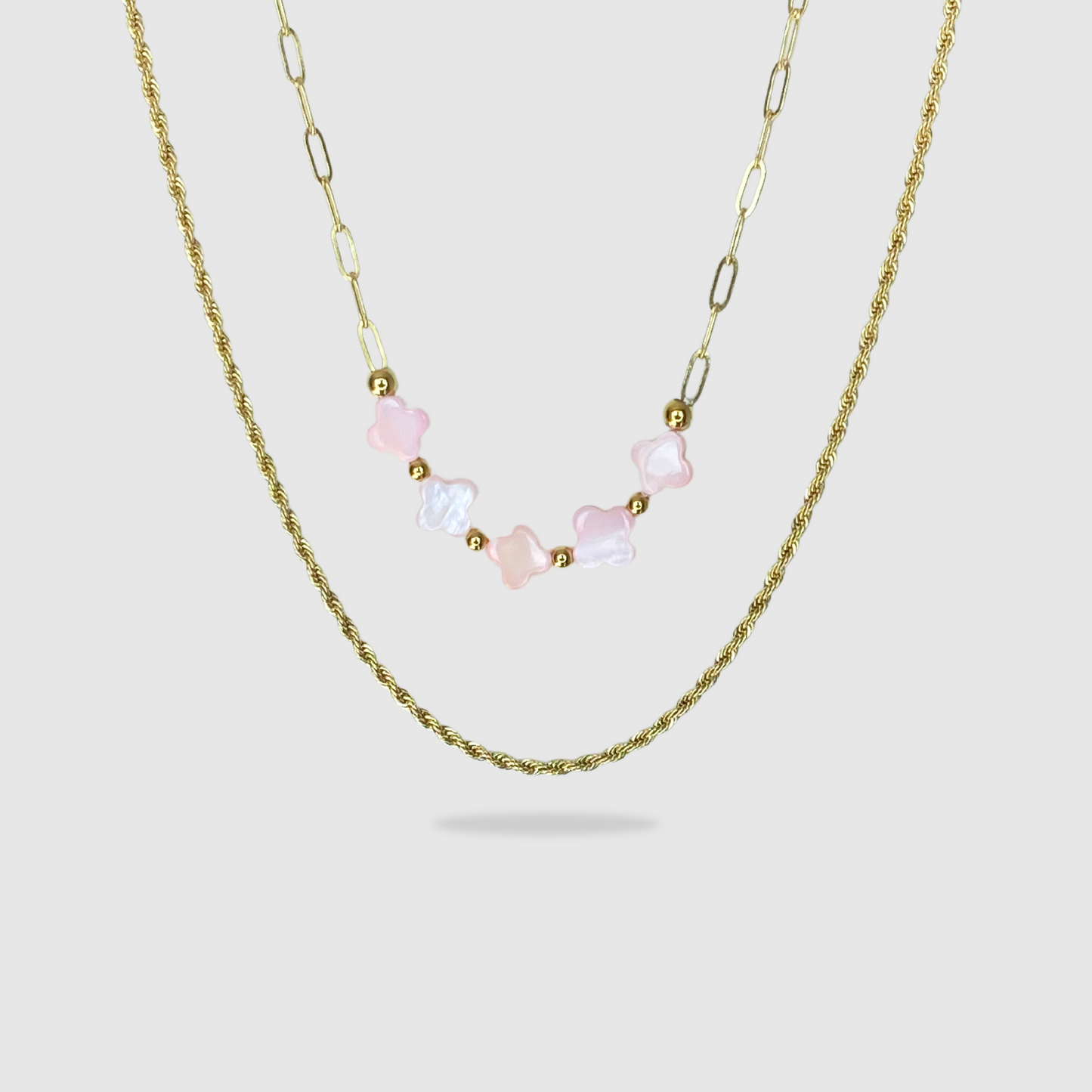 double chaîne, acier inoxydable, pendentif 5 trèfles roses, ajustable