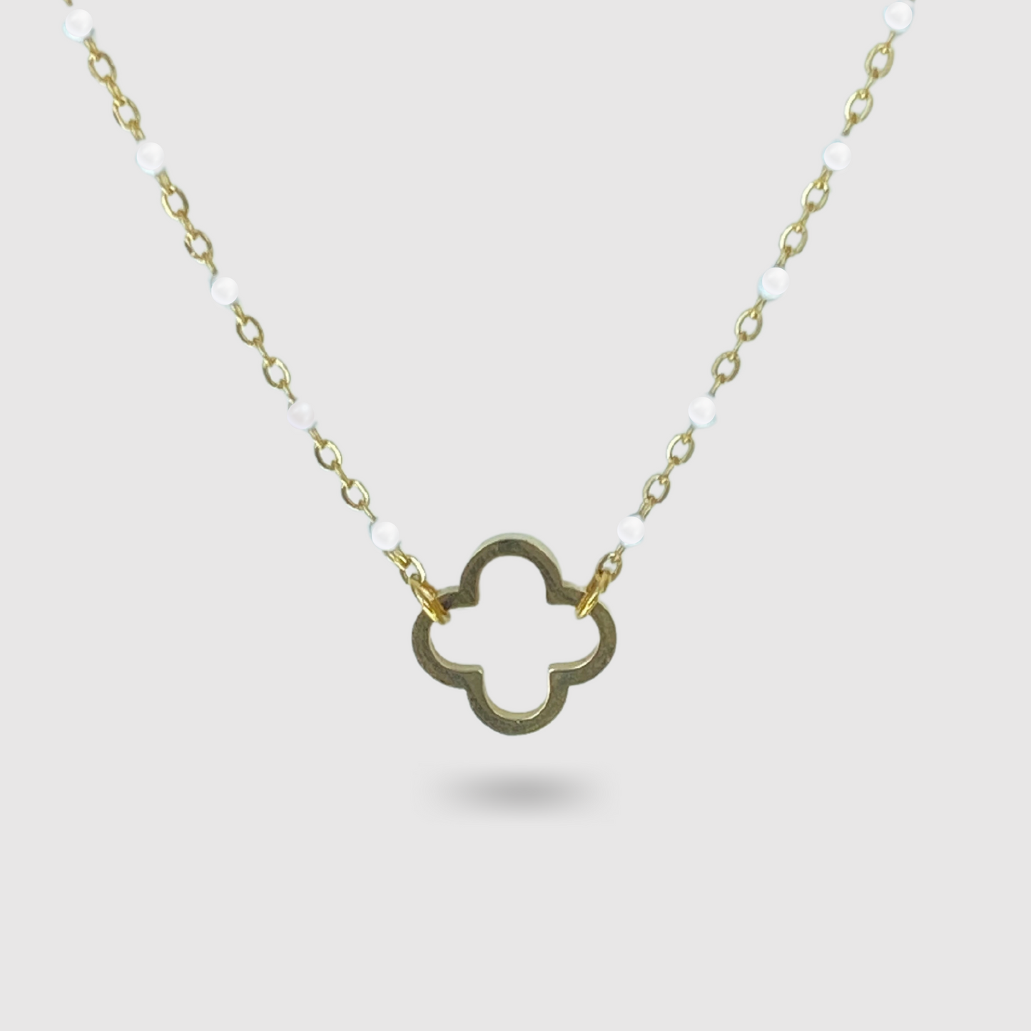 Acier inoxydable, ajustable, perles blanches, trèfle, or