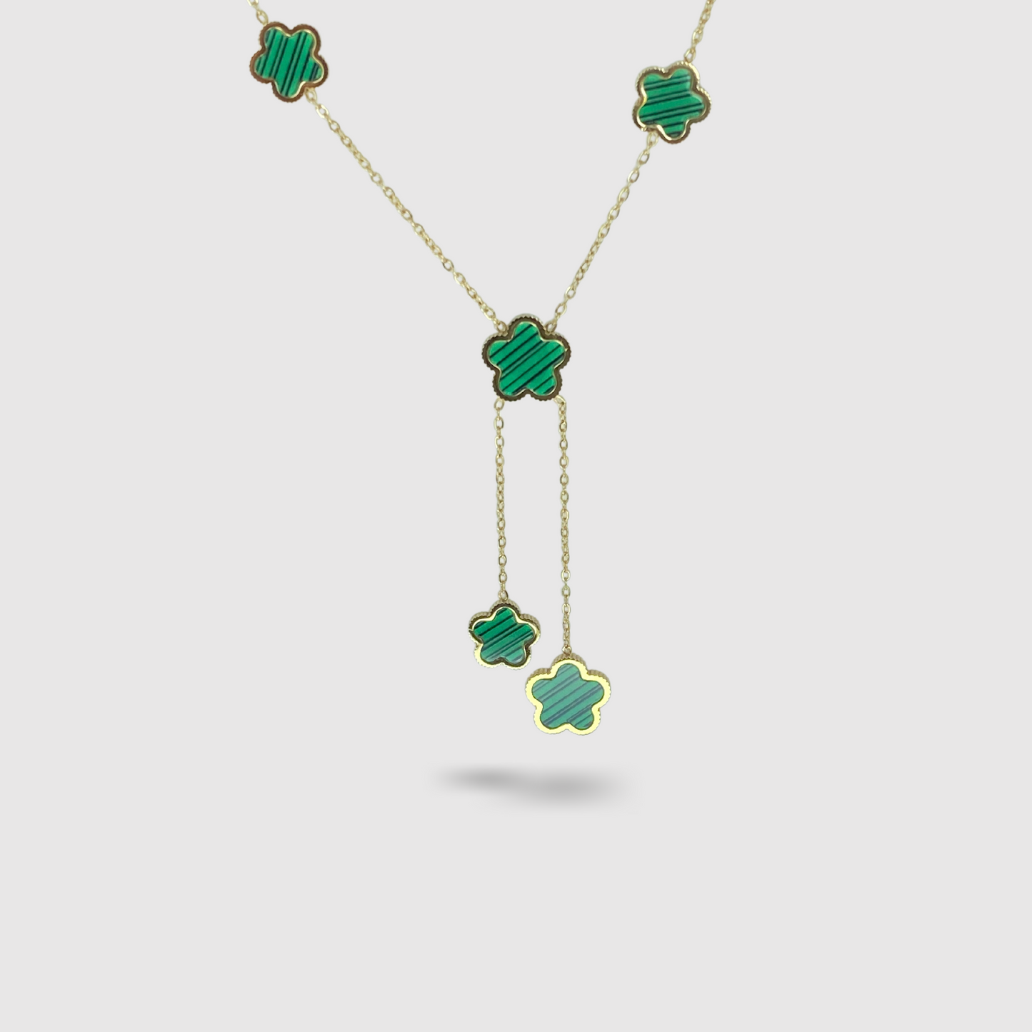 Collier acier inoxydable, 5 fleurs vertes, double descente, ajustable
